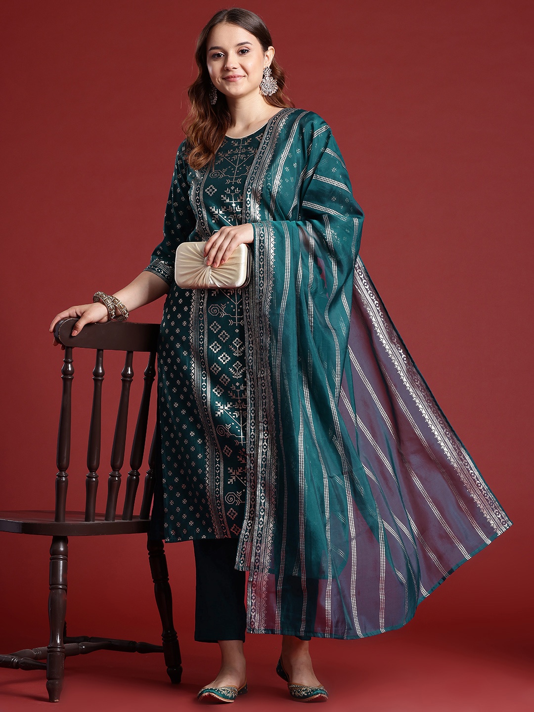 

Anouk Ethnic Motifs Printed Kurta Set With Dupatta, Teal