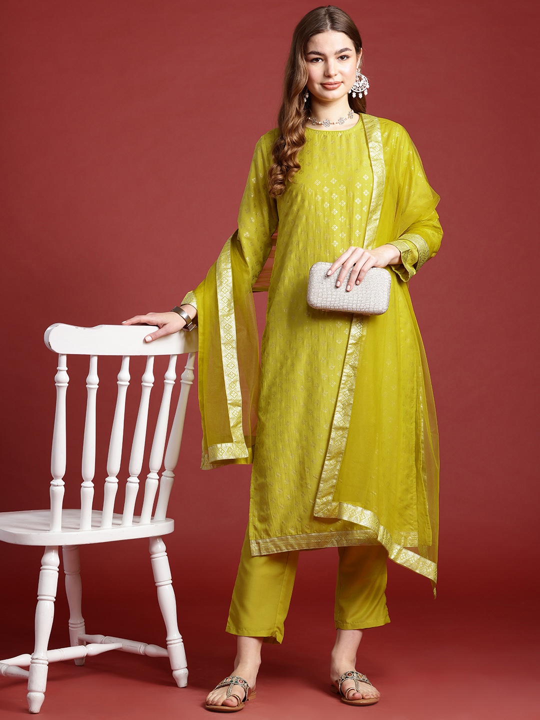 

Anouk Women Ethnic Motifs Printed Regular Kurta with Trousers & With Dupatta, Lime green