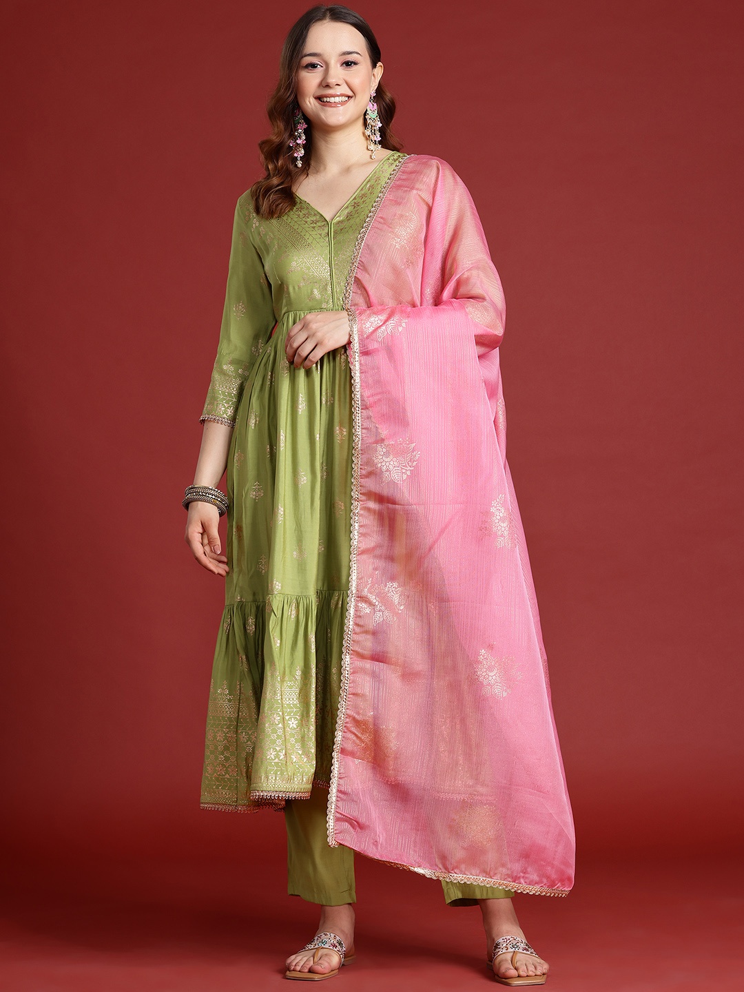 

Anouk Printed Tiered Thread Work Kurta with Trousers & Dupatta, Green
