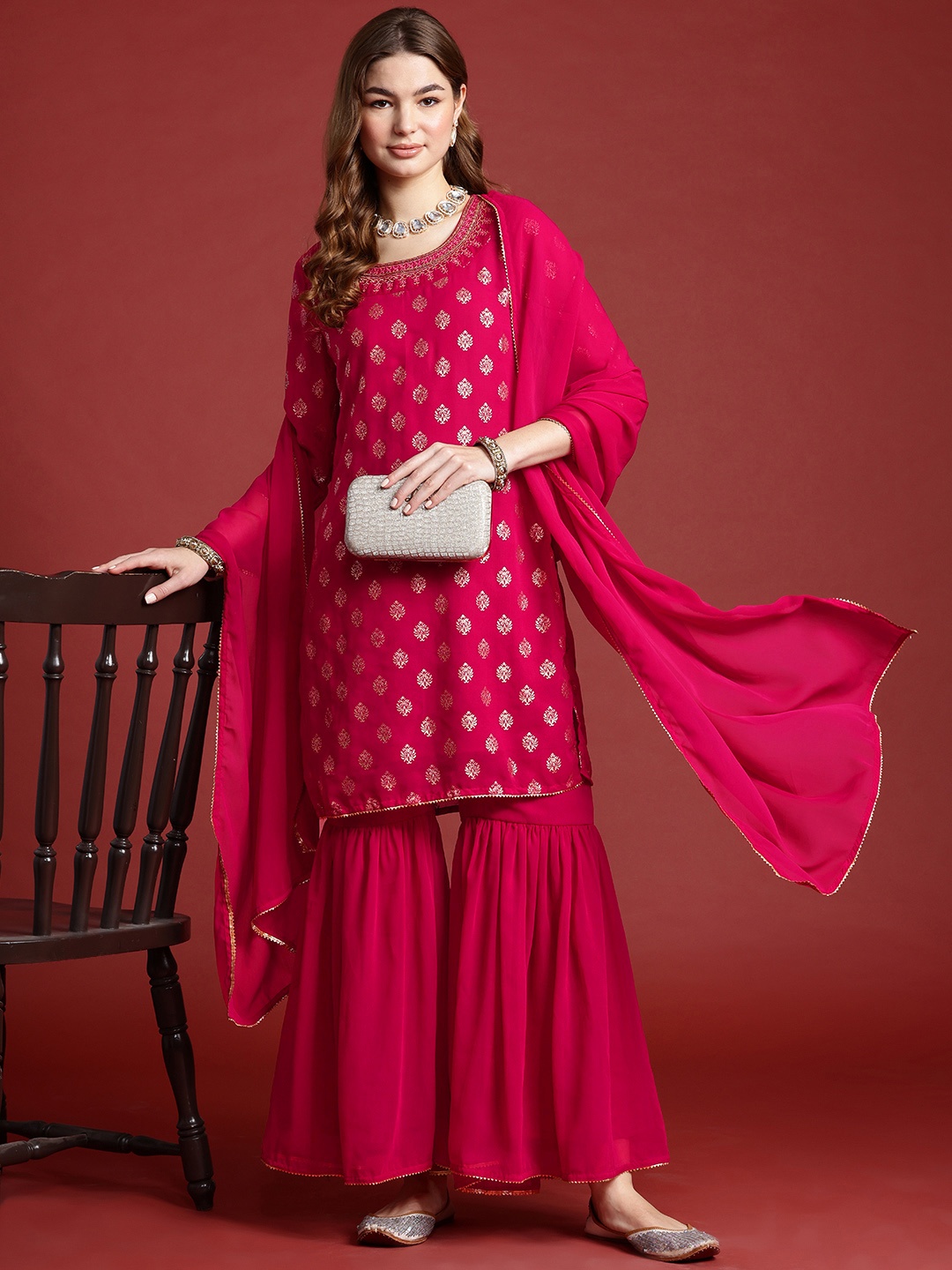 

Anouk Ethnic Motifs Printed Regular Kurta with Sharara & With Dupatta, Red