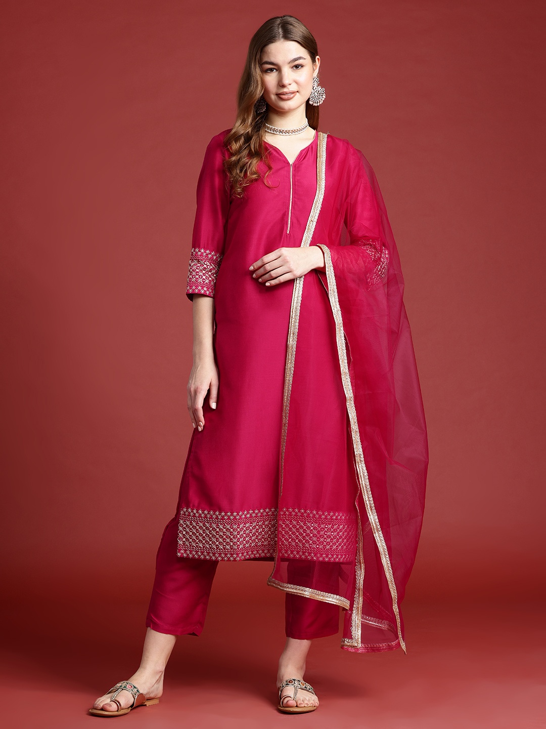 

Anouk Sequin Embellished Gotta Patti Detail Kurta Set With Dupatta, Pink