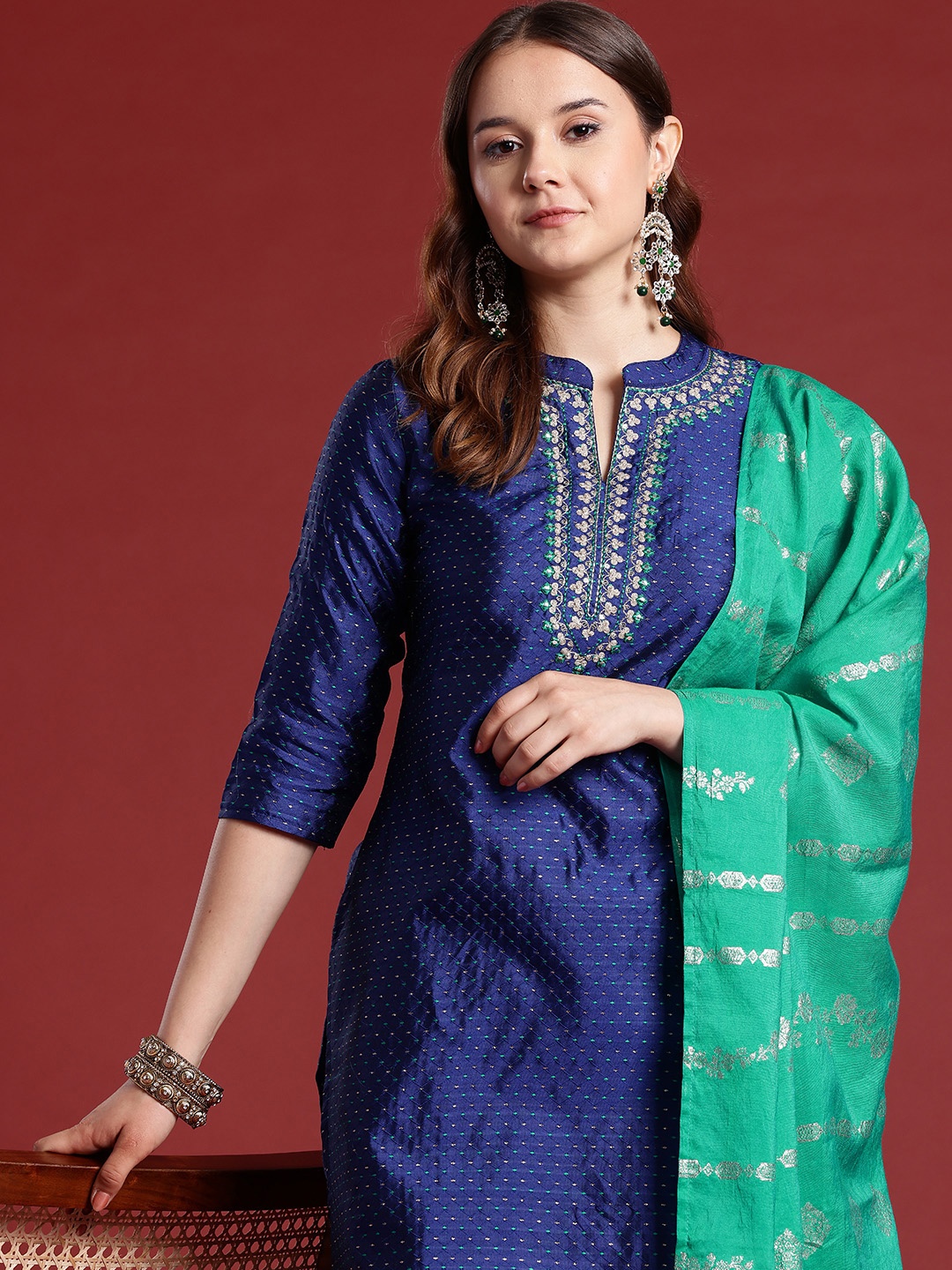 

Anouk Thread Work Woven Design Kurta with Trousers & Dupatta, Blue