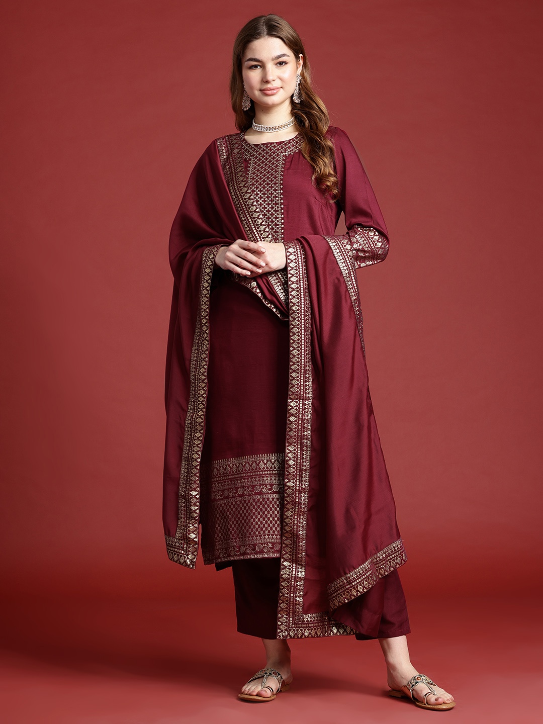 

Anouk Ethnic Printed Sequin Detail Kurta Set With Dupatta, Maroon