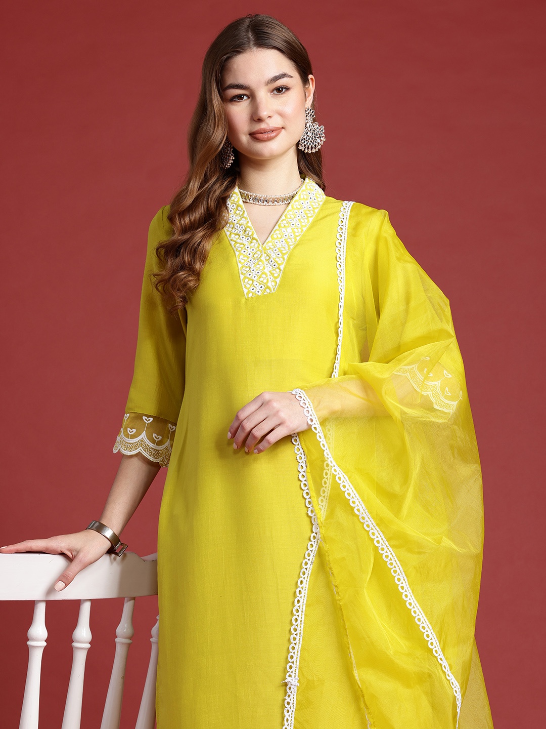 

Anouk Sequin Embellished Gotta Patti Detail Kurta Set With Dupatta, Yellow