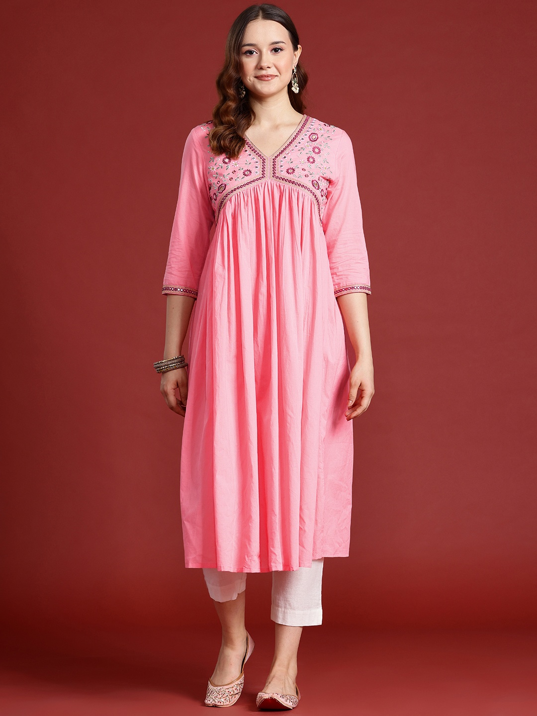 

Anouk Pleated Embroidered Cotton Kurta, Pink