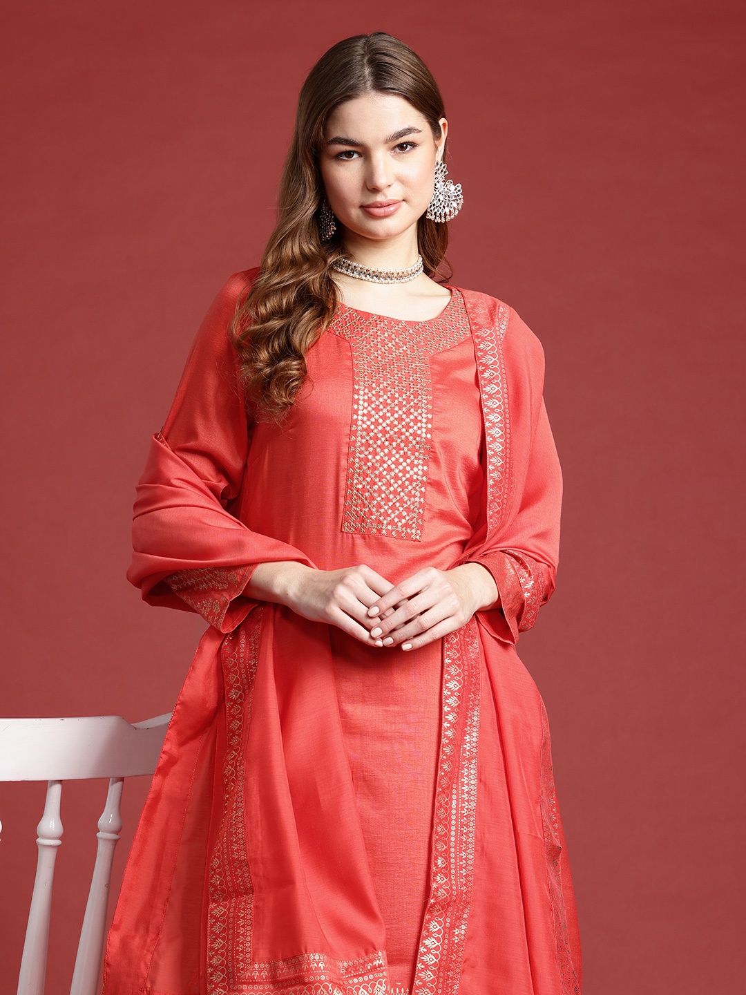 

Anouk Sequin Embellished Gotta Patti Detail Kurta Set With Dupatta, Coral