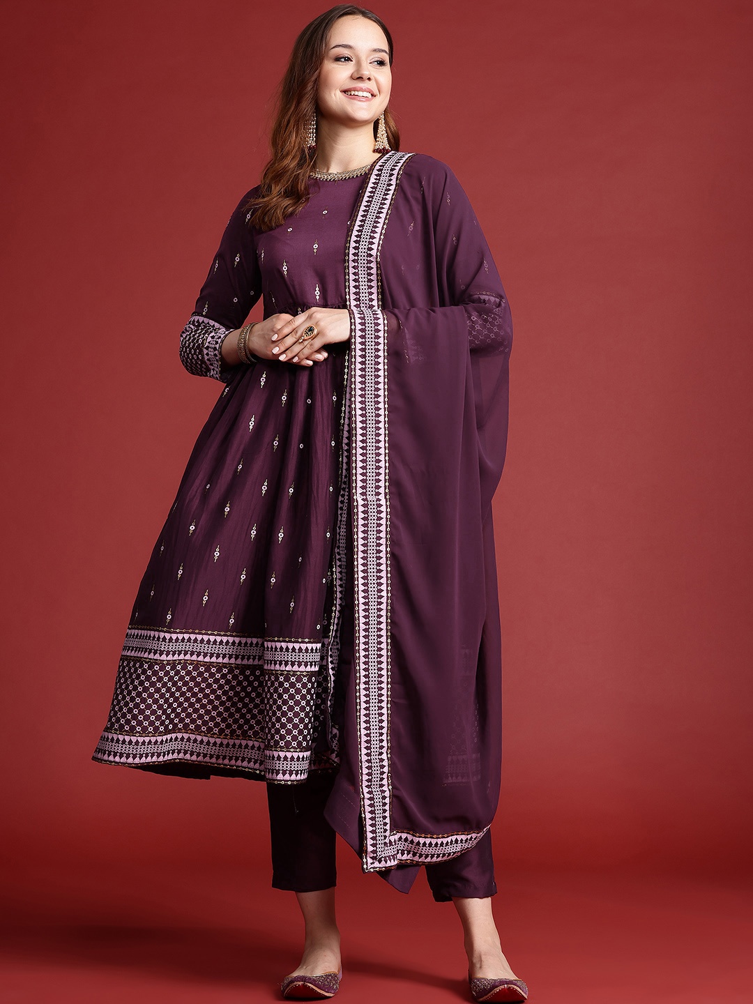 

Anouk Printed Kurta with Trousers & Dupatta, Burgundy