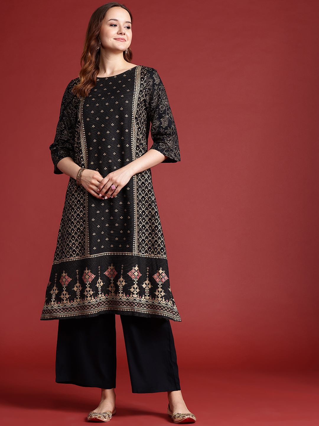 

Anouk Ethnic Motifs Print Kurta with Palazzos, Black
