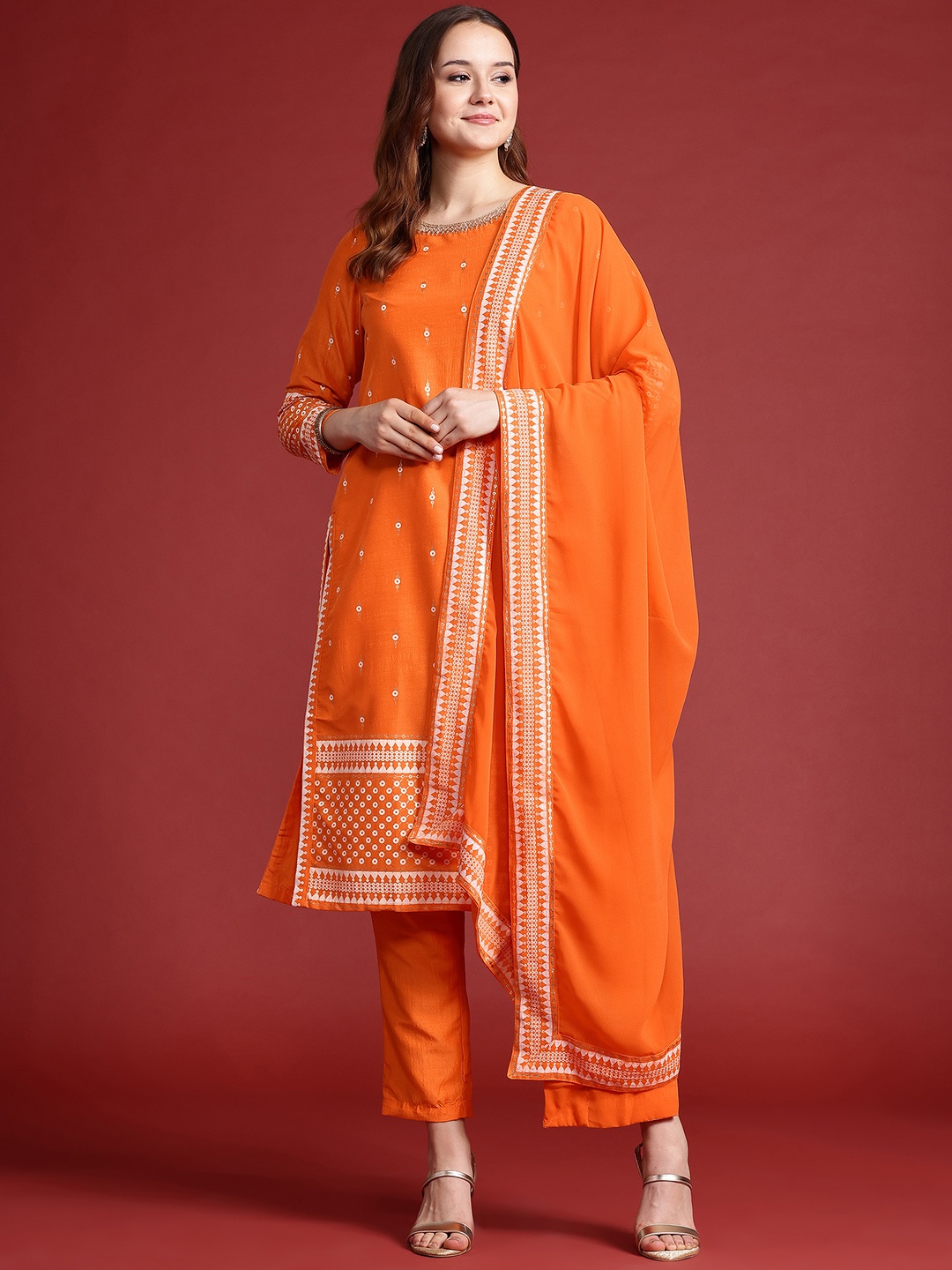 

Anouk Printed Sequinned Kurta with Trousers & Dupatta, Orange