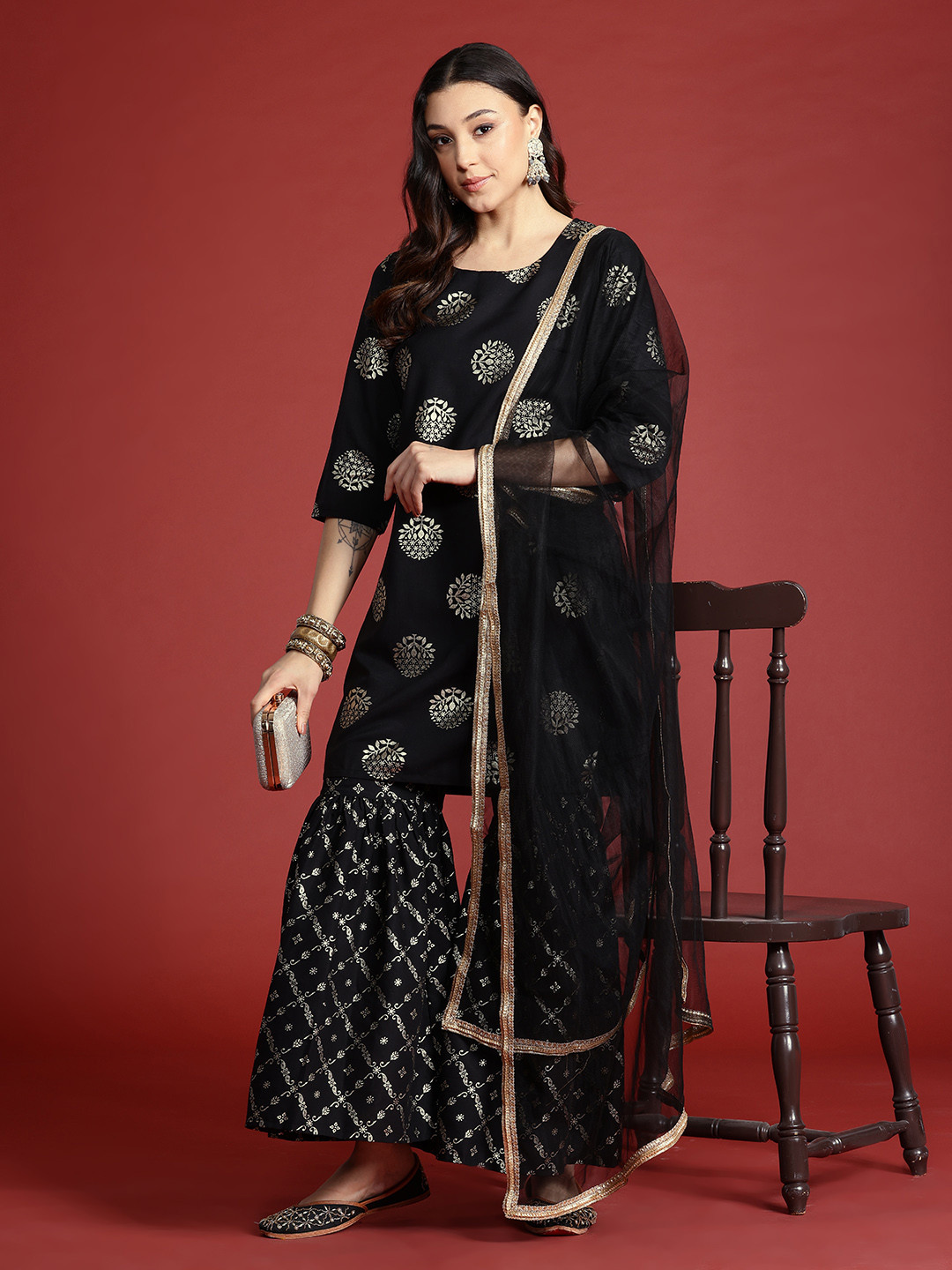 

Anouk Tyohaar Foil Print Kurta with Sharara & Dupatta, Black