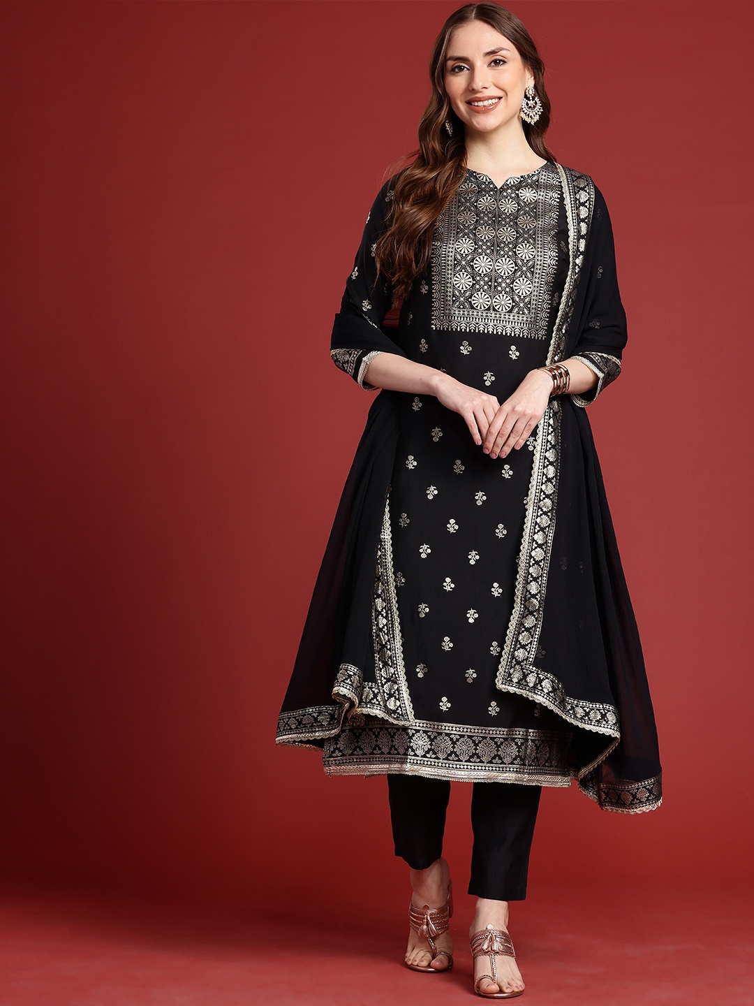 

Anouk Ethnic Motifs Printed Kurta with Trousers & Dupatta, Black