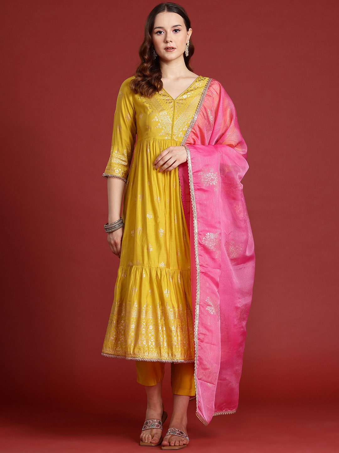 

Anouk Printed Tiered Thread Work Kurta with Trousers & Dupatta, Mustard