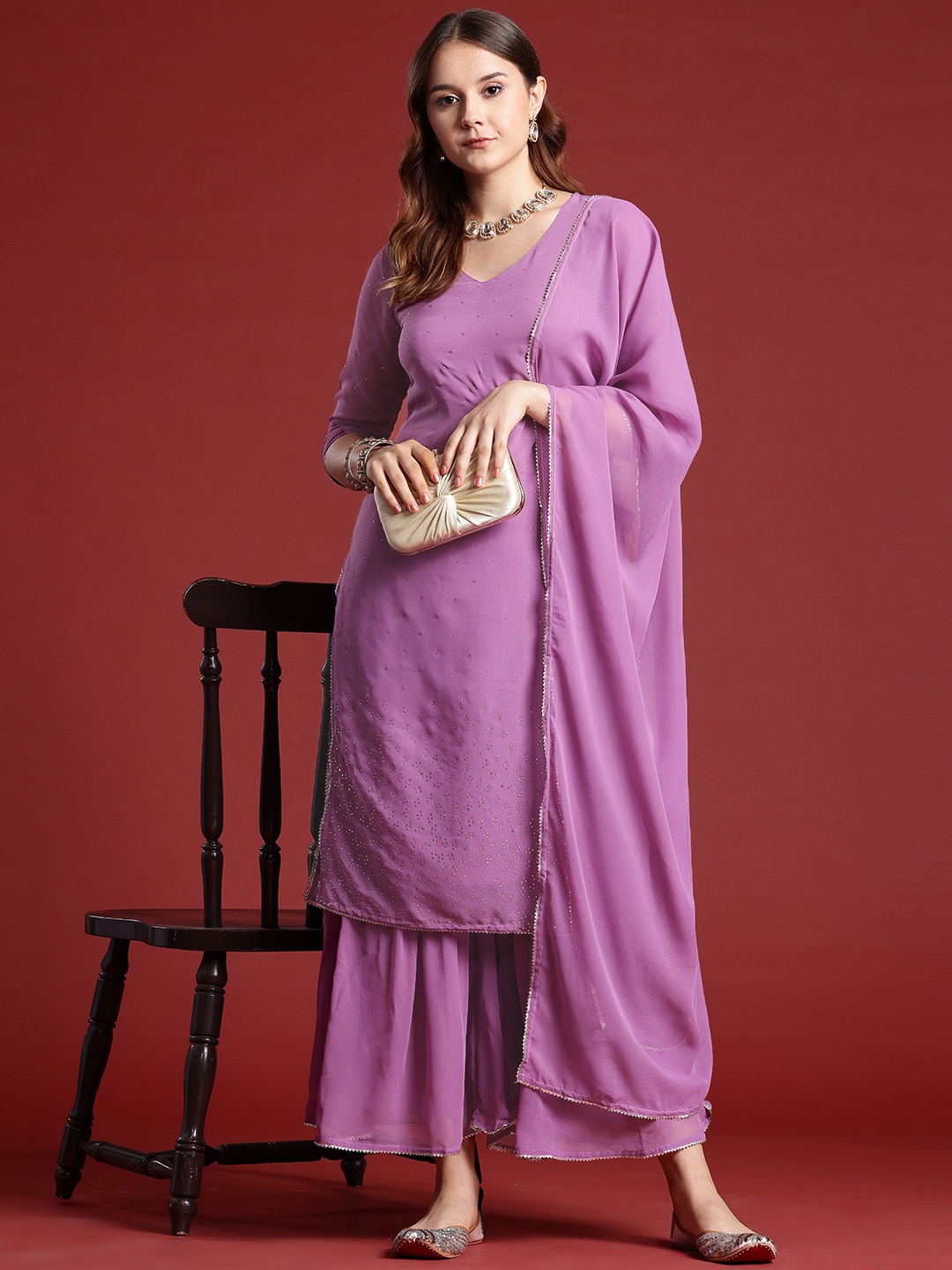 

Anouk Printed Gotta Patti Kurta with Sharara & Dupatta, Purple