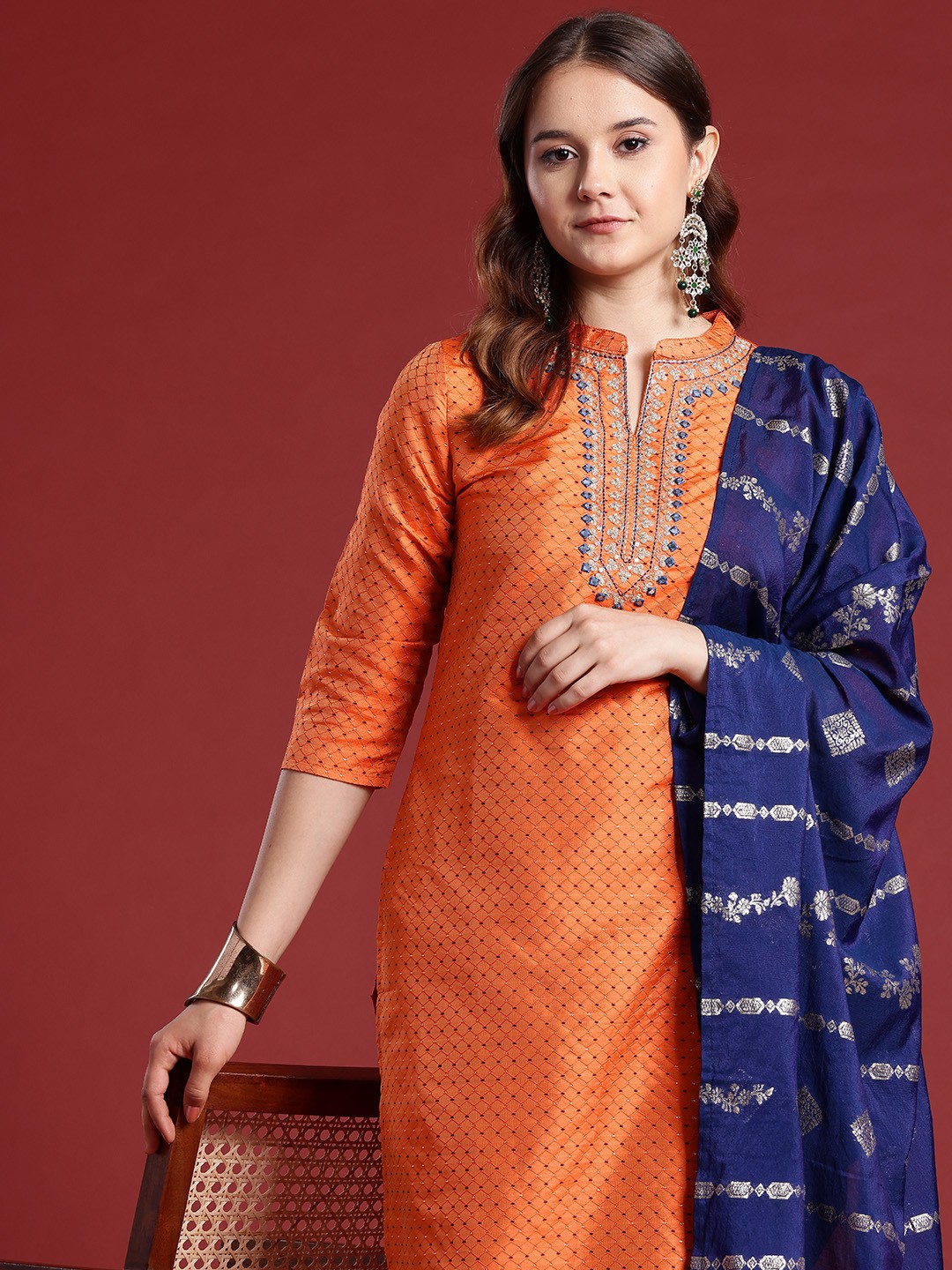 

Anouk Thread Work Woven Design Kurta with Trousers & Dupatta, Orange