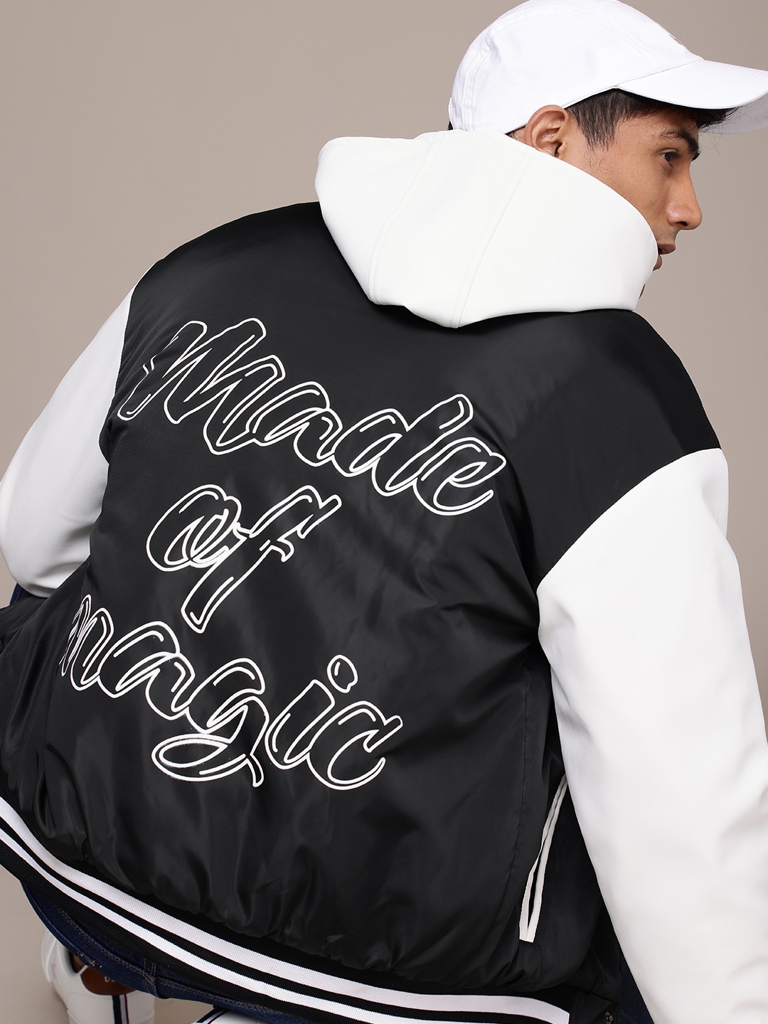 

WROGN Typography Hooded Padded Varsity Jacket, Black
