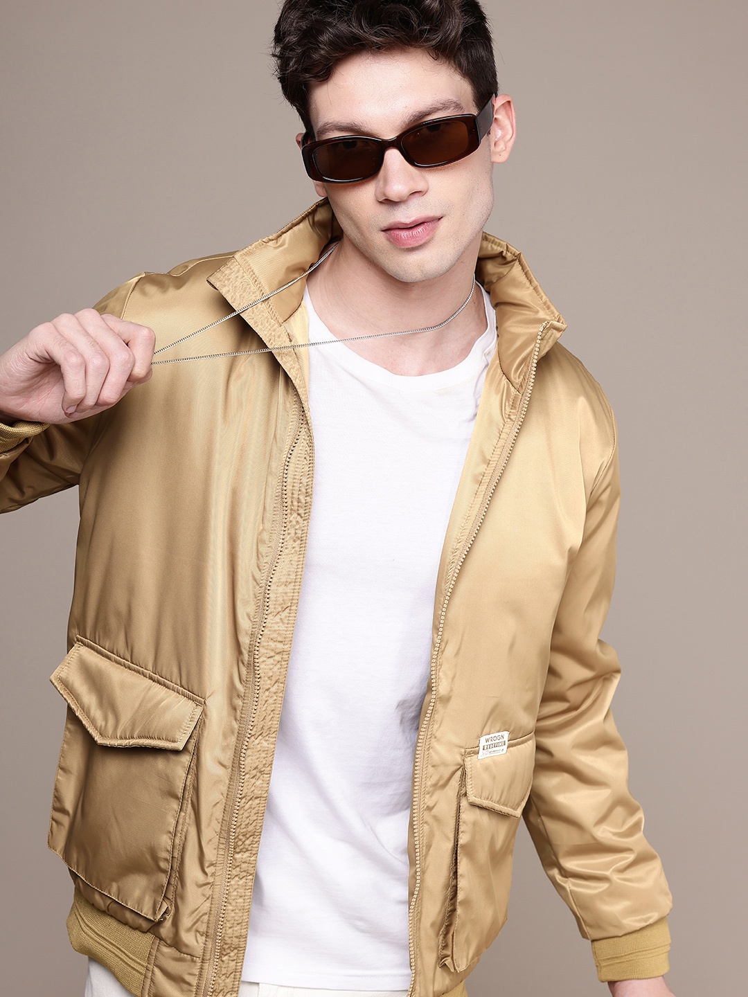 

WROGN Mock Collar Convertible Hood Bomber Jacket, Olive