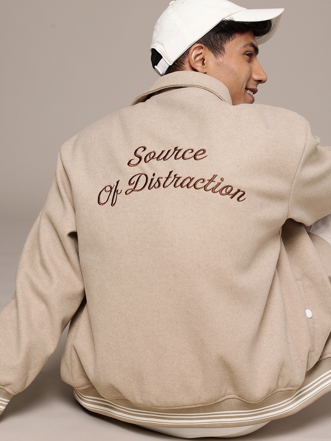 

WROGN Typography Embroidered Oversized Bomber Jacket, Beige