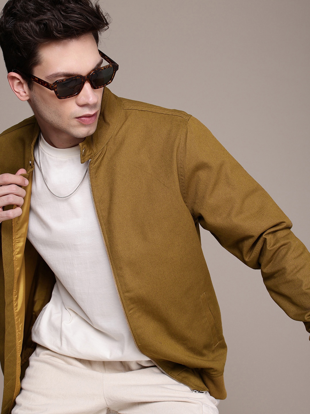 

WROGN Pure Cotton Comfort Fit Band Collar Bomber Jacket, Khaki
