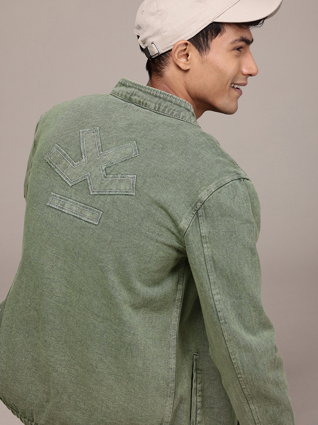 

WROGN Pure Cotton Brand Logo Applique Denim Jacket, Olive