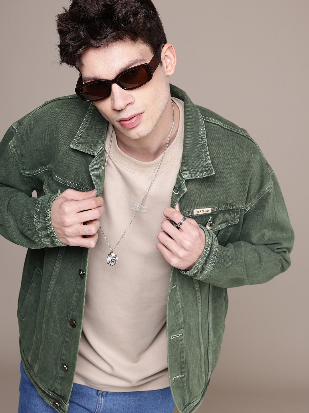 

WROGN Oversized Fit Pure Cotton Denim Jacket, Olive