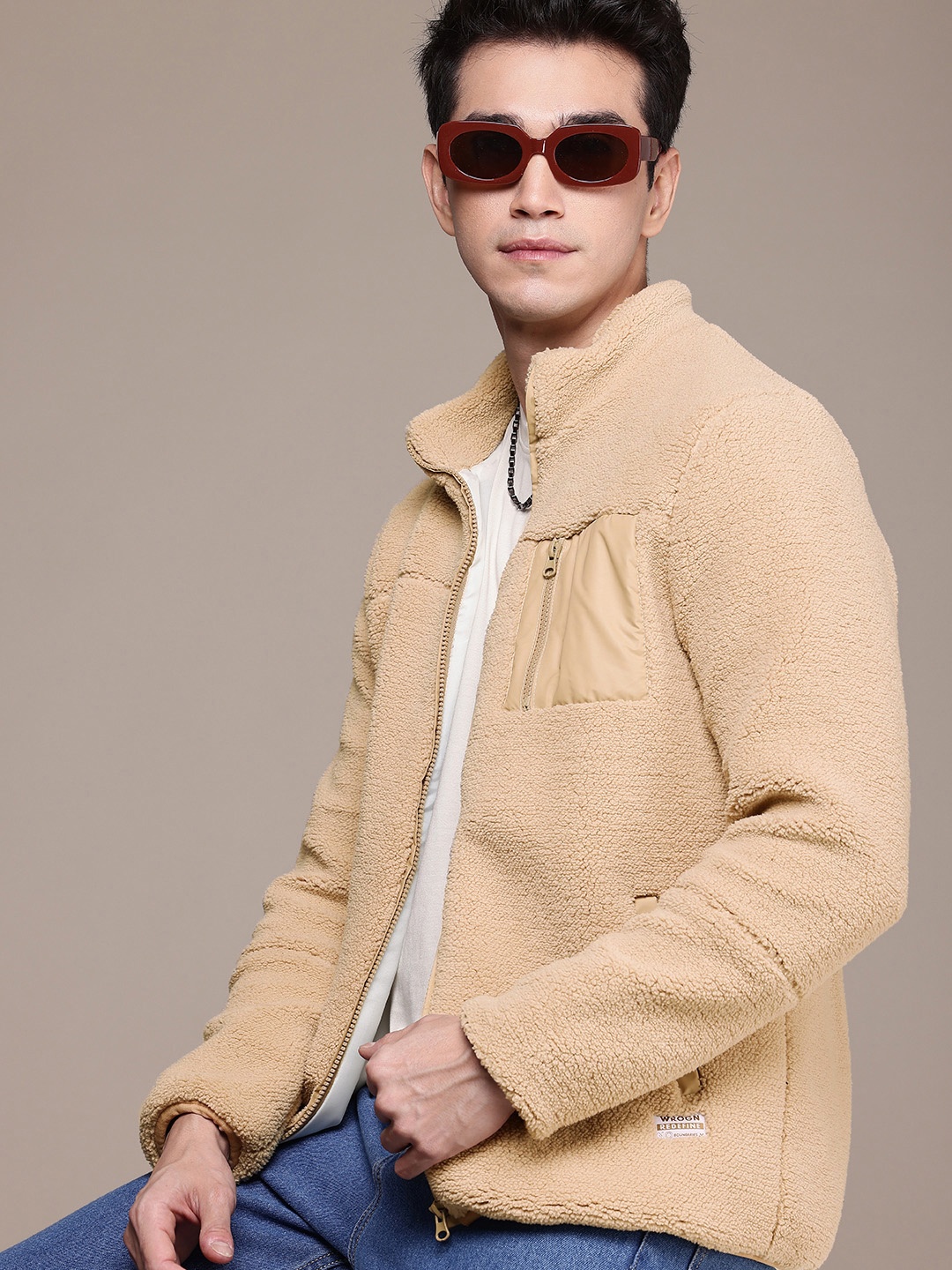 

WROGN Mock Collar Fuzzy Tailored Jacket, Beige