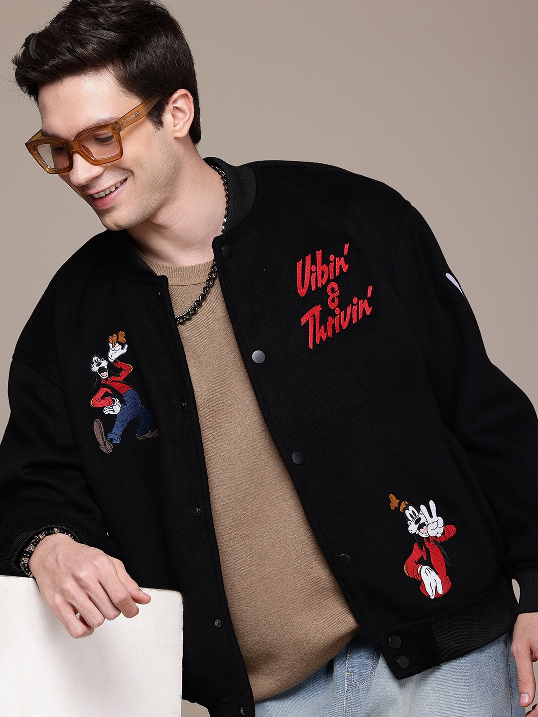 

WROGN Goofy Embroidered Oversized Bomber Jacket, Black