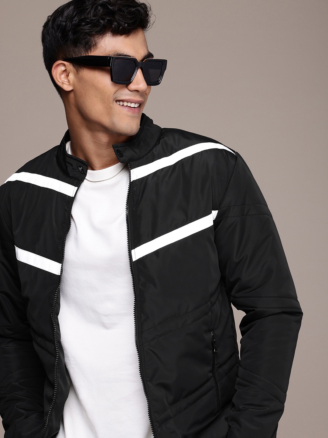 

WROGN Striped Band Collar Padded Jacket, Black