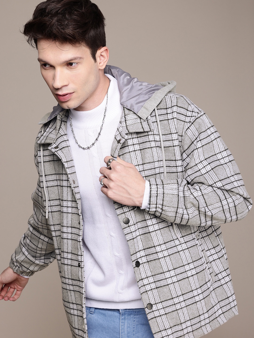 

WROGN Checked Hooded Oversized Tailored Jacket, Grey