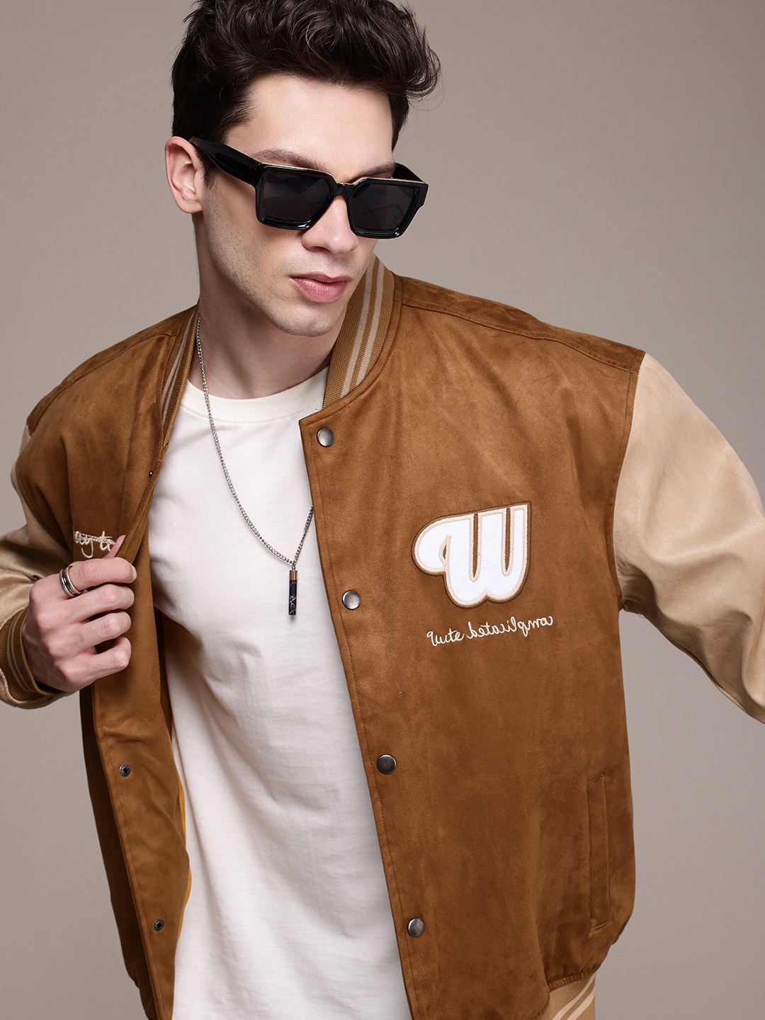 

WROGN Embroidered Detail Oversized Varsity Jacket, Brown