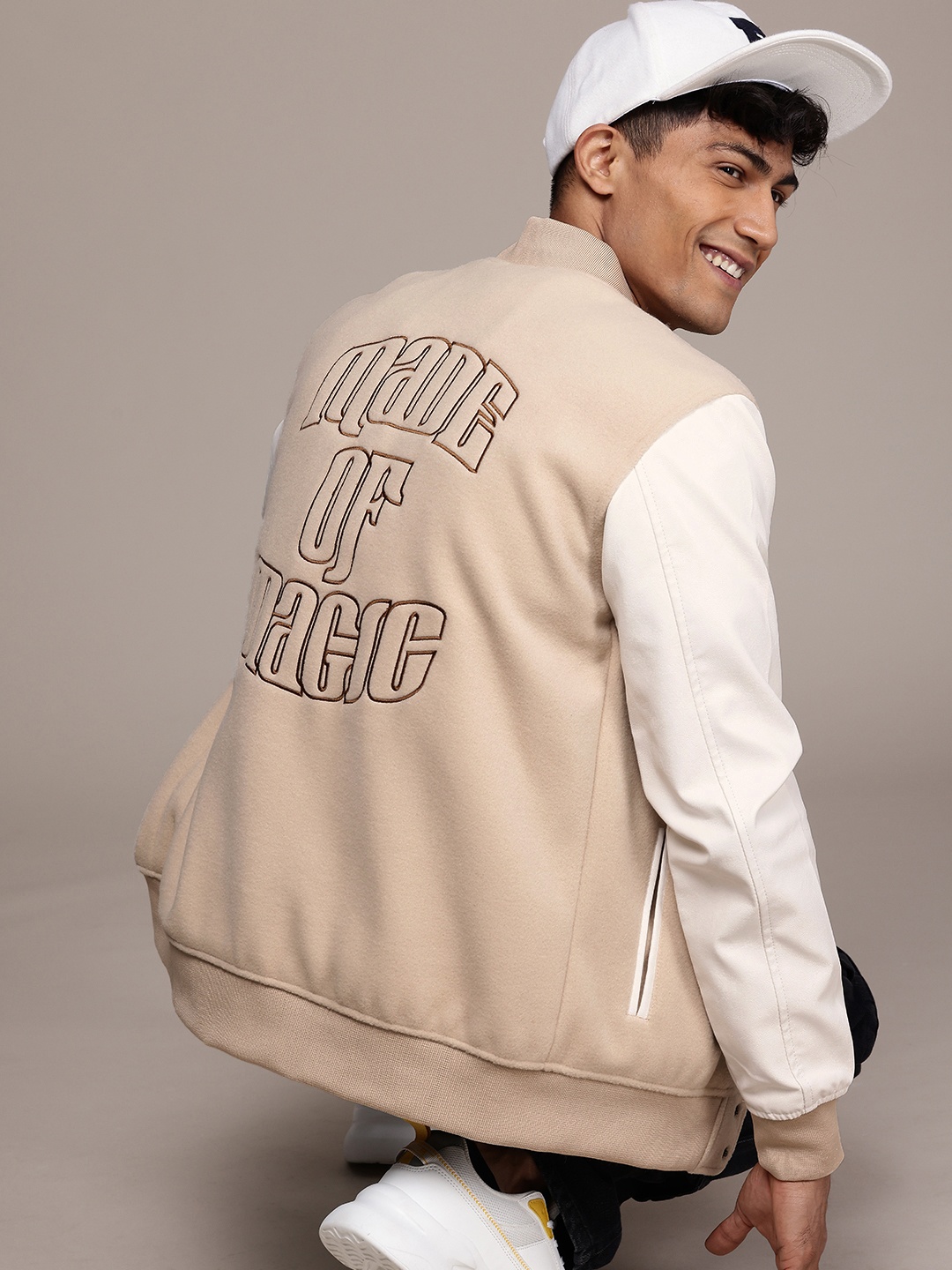 

WROGN Typography Embroidered Mandarin Collar Bomber Jacket, Beige