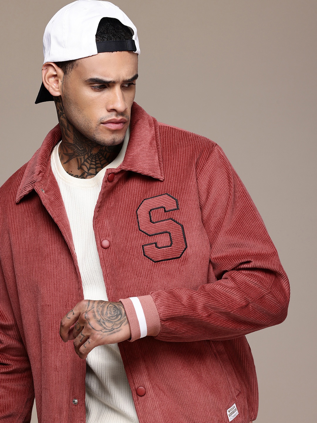 

WROGN Pure Cotton Embroidered Detail Corduroy Varsity Jacket, Maroon