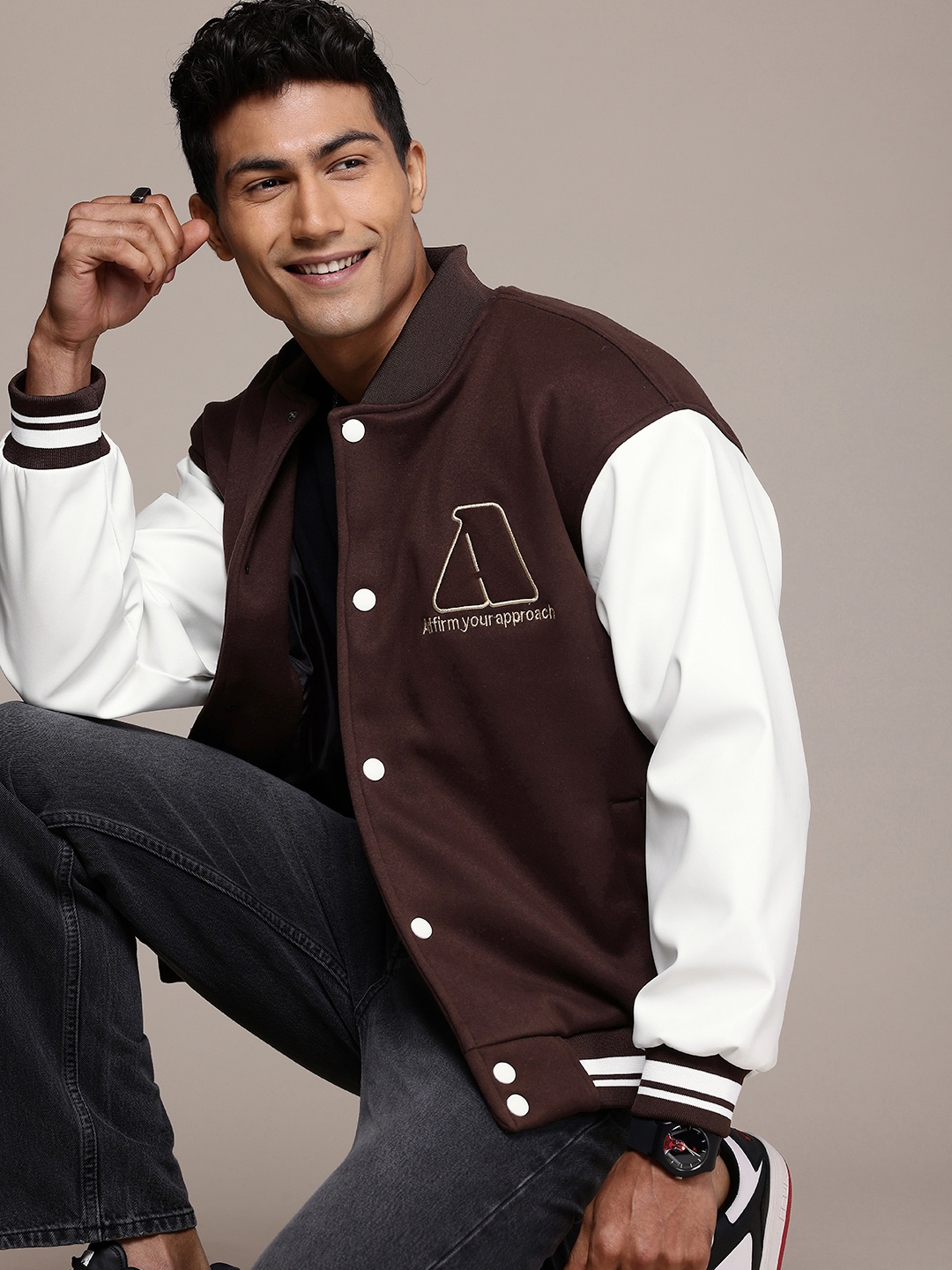 

WROGN Embroidered Detail Varsity Jacket, Coffee brown