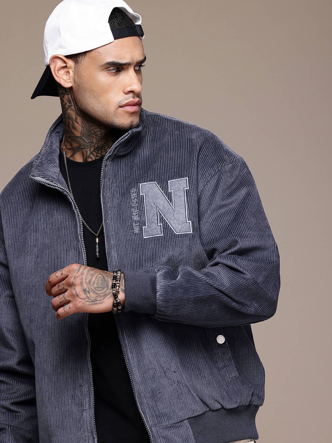 WROGN Patchwork Pure Cotton Corduroy Bomber Jacket, Blue