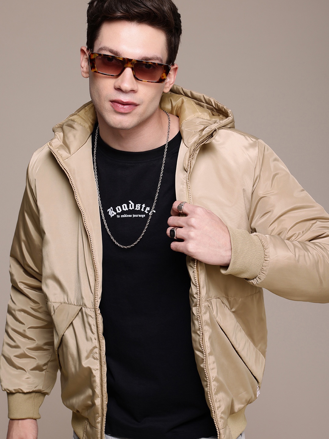 

WROGN Hooded Padded Bomber Jacket, Beige
