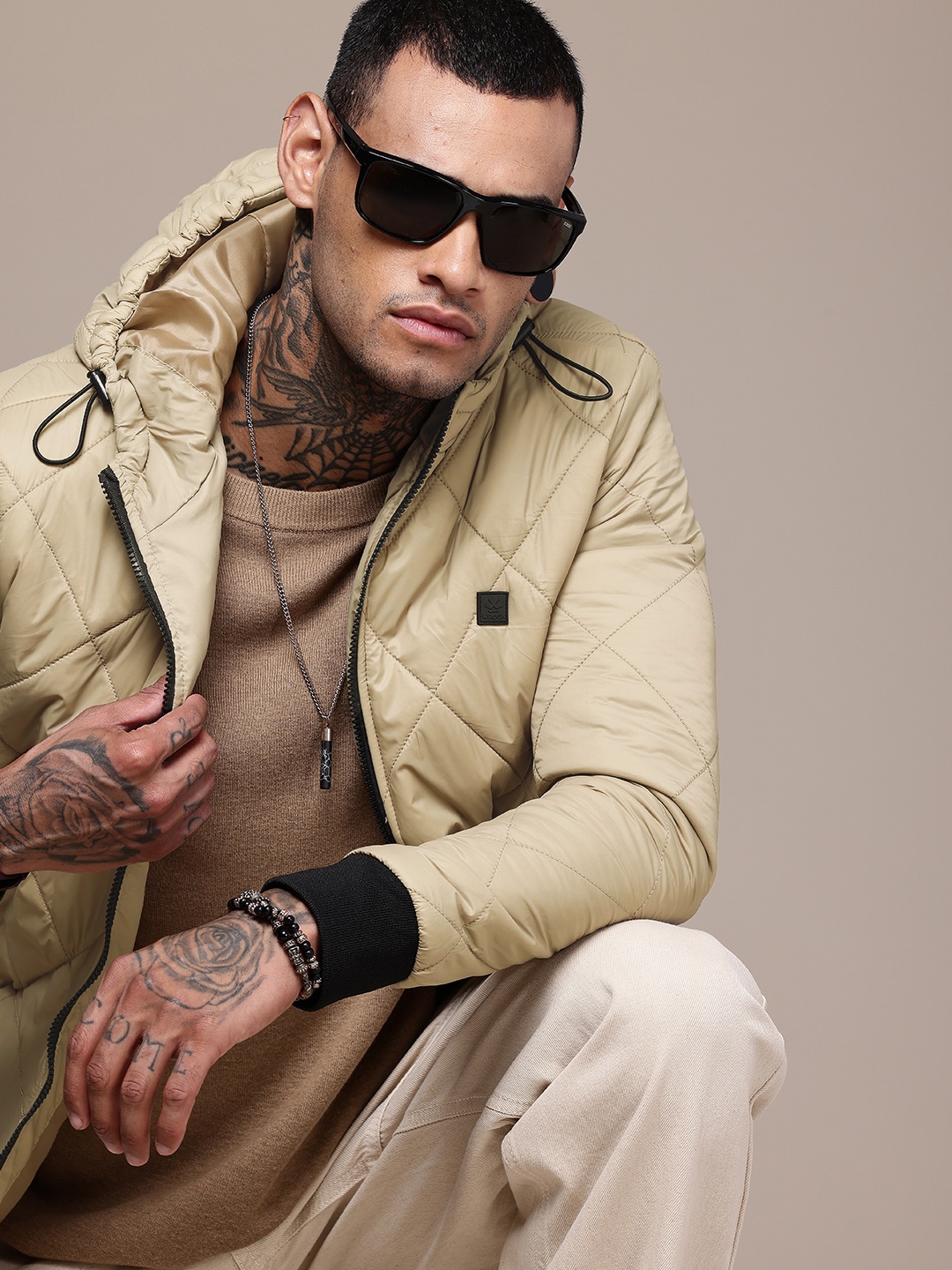 

WROGN Hooded Quilted Jacket, Beige