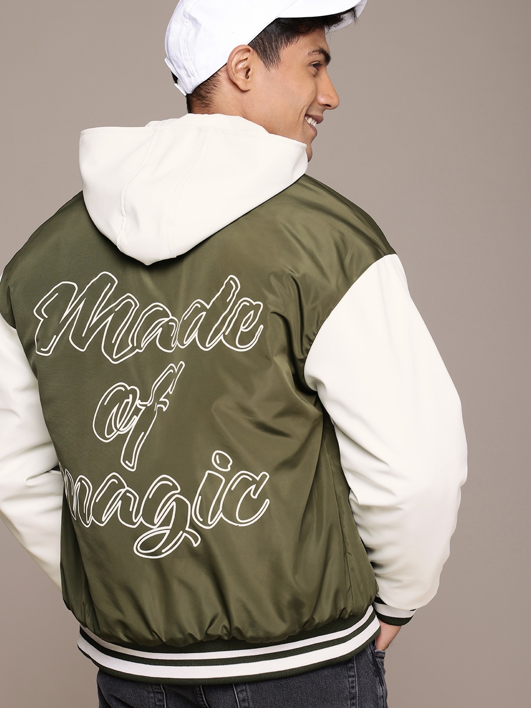 

WROGN Embroidered Detail Typography Hooded Padded Relaxed Fit Varsity Jacket, Olive