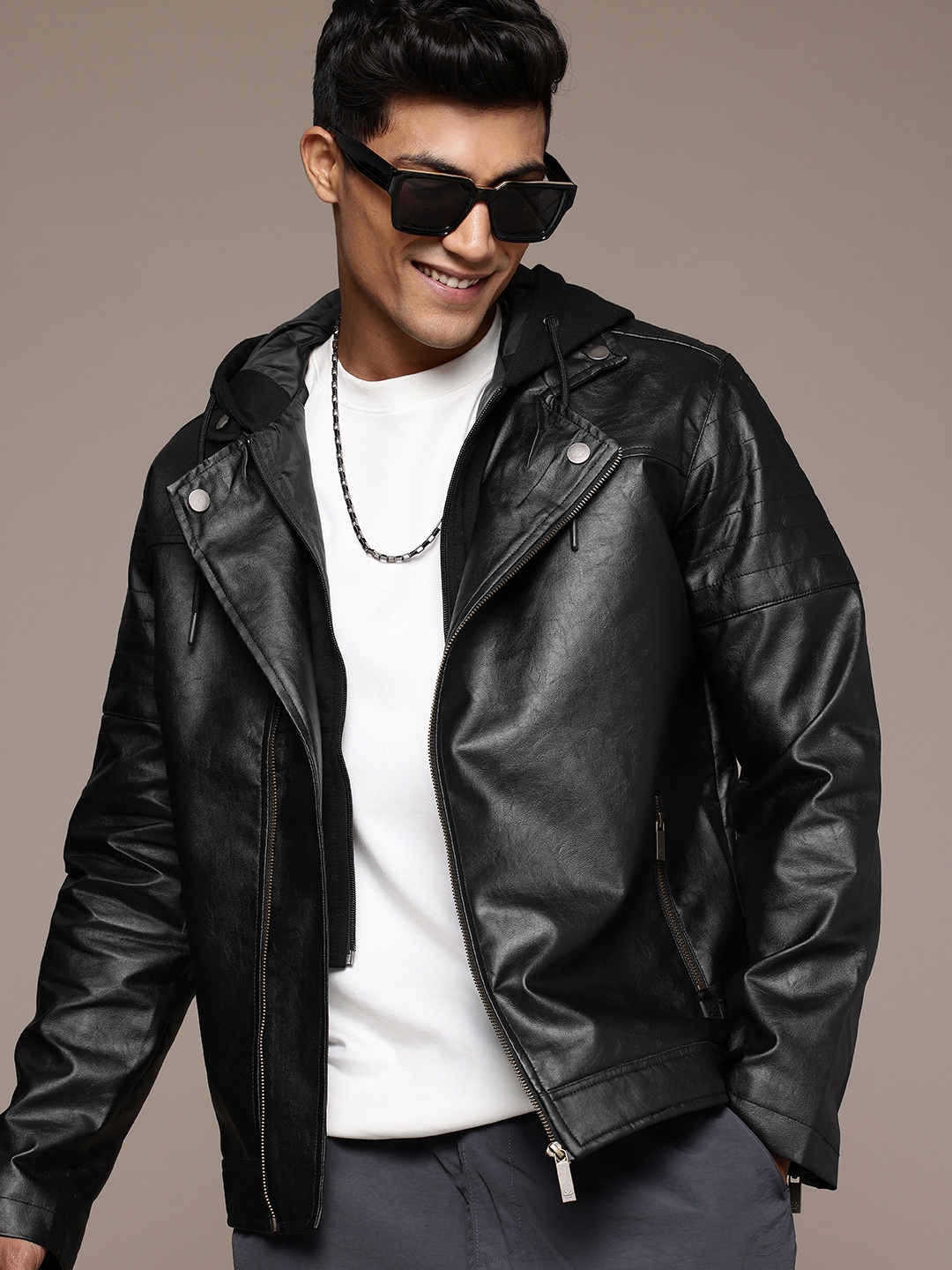 

WROGN Hooded Biker Jacket, Black