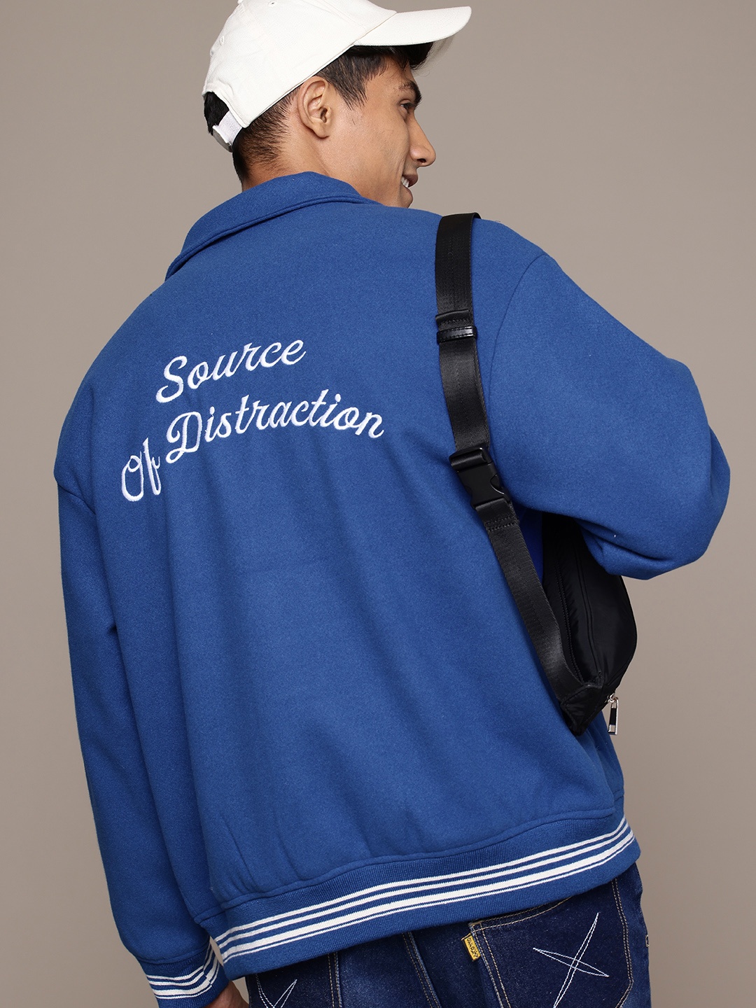 

WROGN Typography Embroidered Oversized Fit Varsity Jacket, Blue