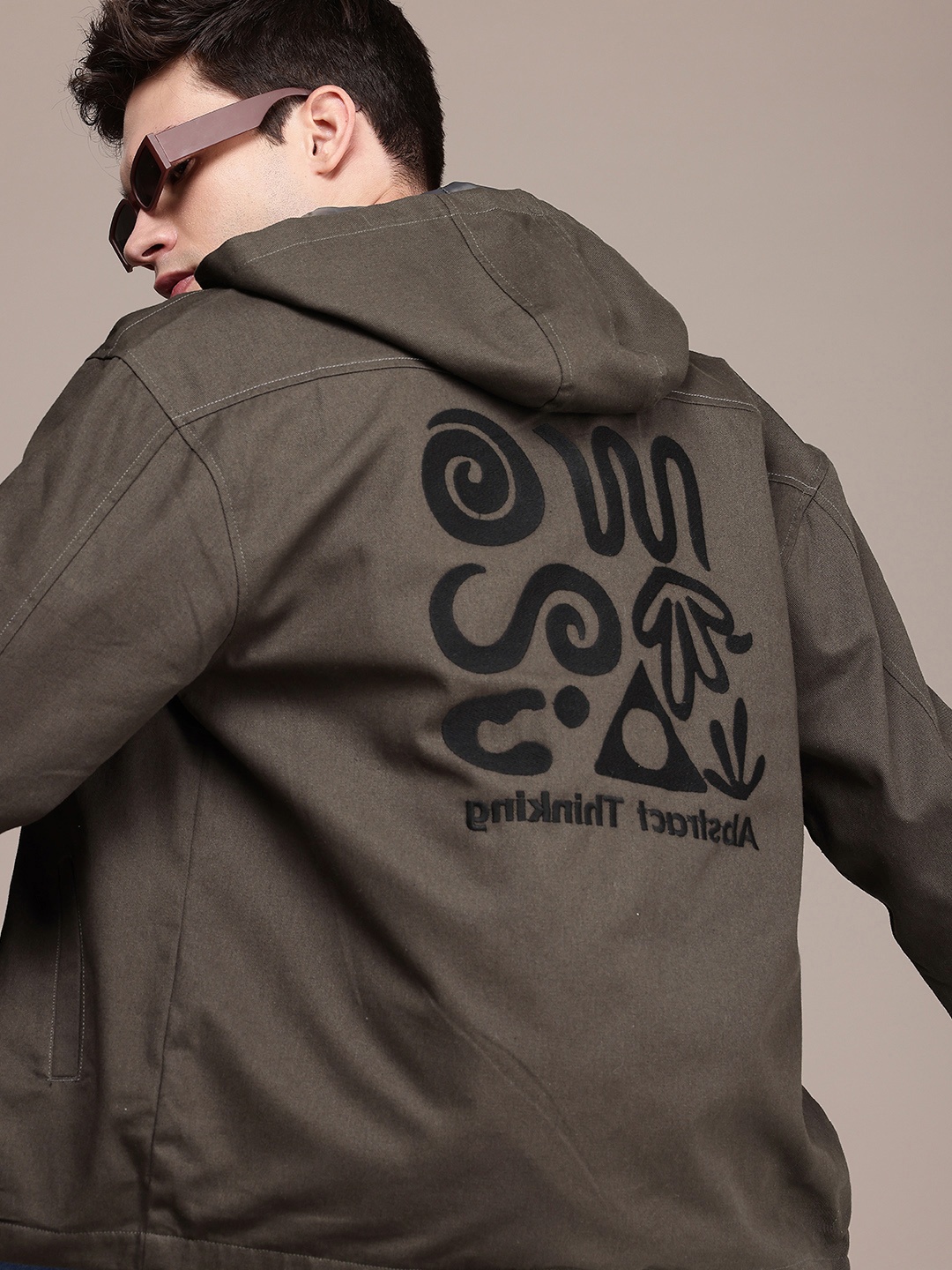 

WROGN Typography Embroidered Hooded Oversized Pure Cotton Tailored Jacket, Brown