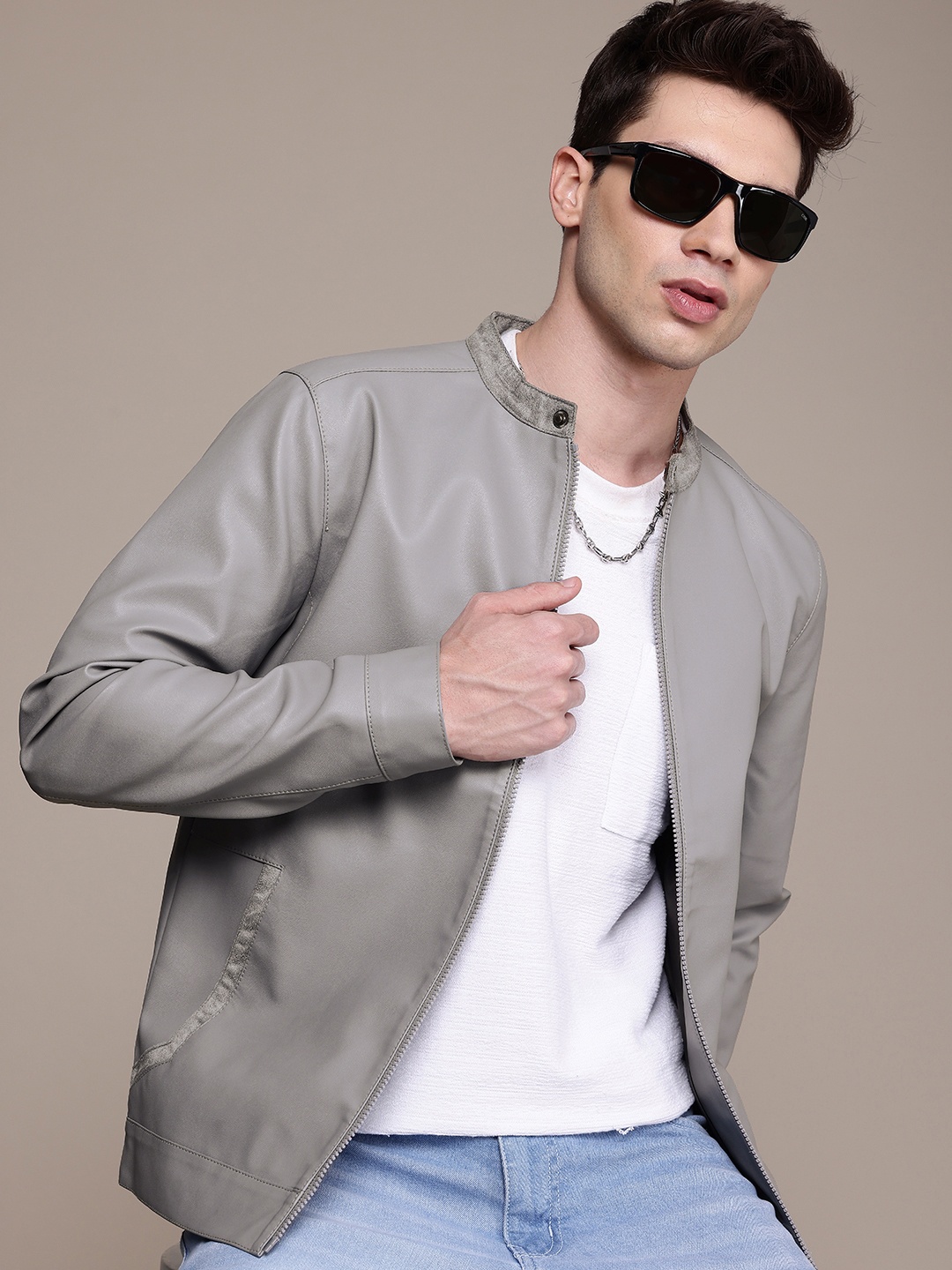 

WROGN Band Collar Biker Jacket, Grey