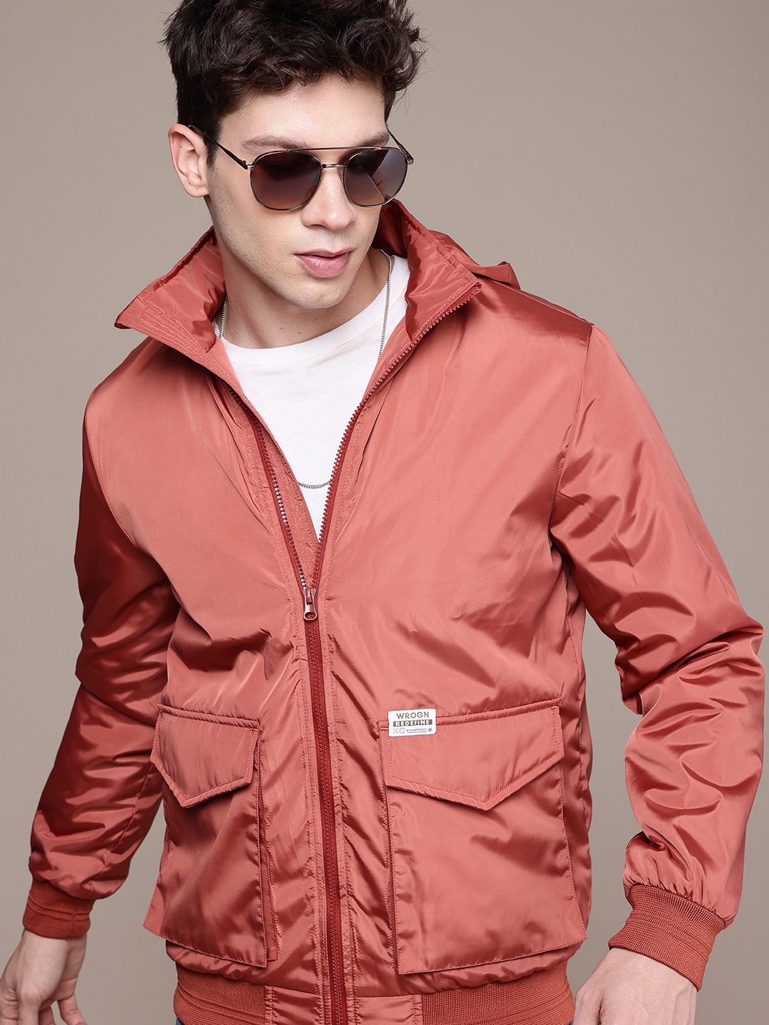 

WROGN Mock Collar Convertible Hood Bomber Jacket, Rust