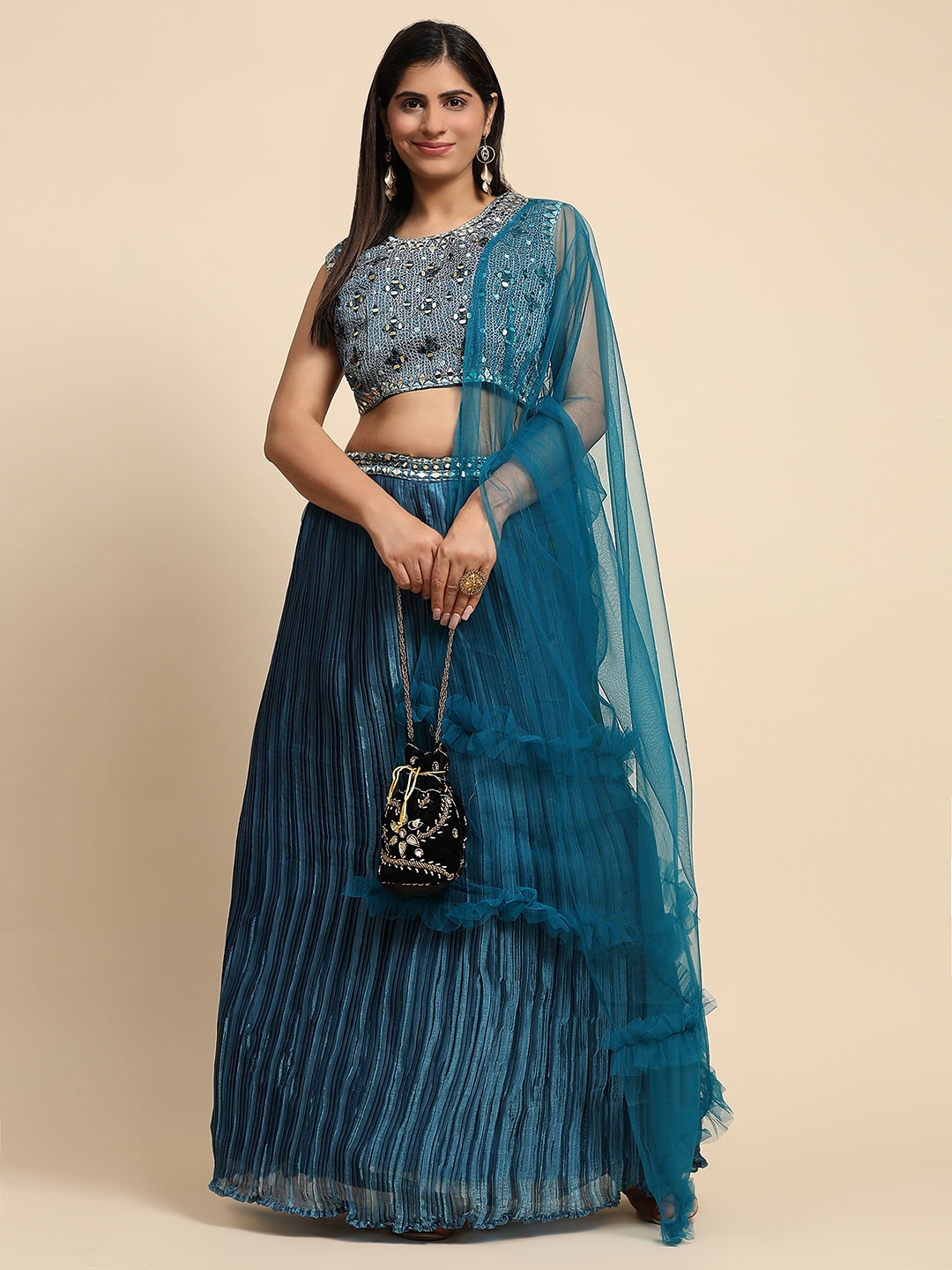 

AMOHA TRENDZ Embroidered Beads and Stones Ready to Wear Lehenga & Blouse With Dupatta, Teal