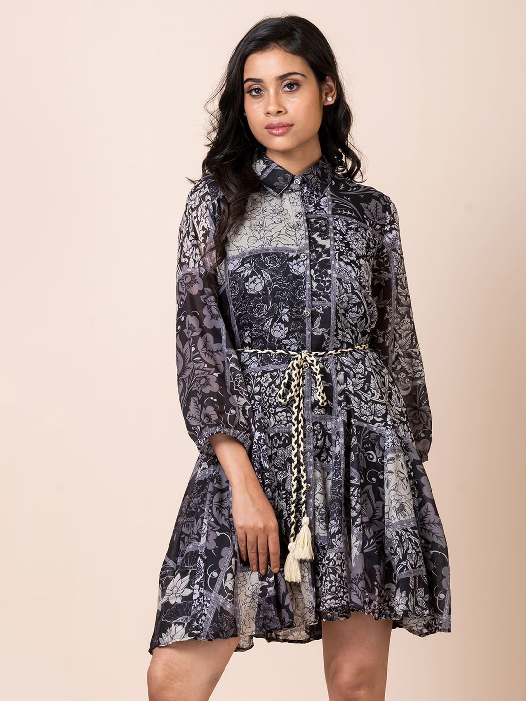 

SARSO Shirt Collar Animal Print Fit & Flare Dress, Black