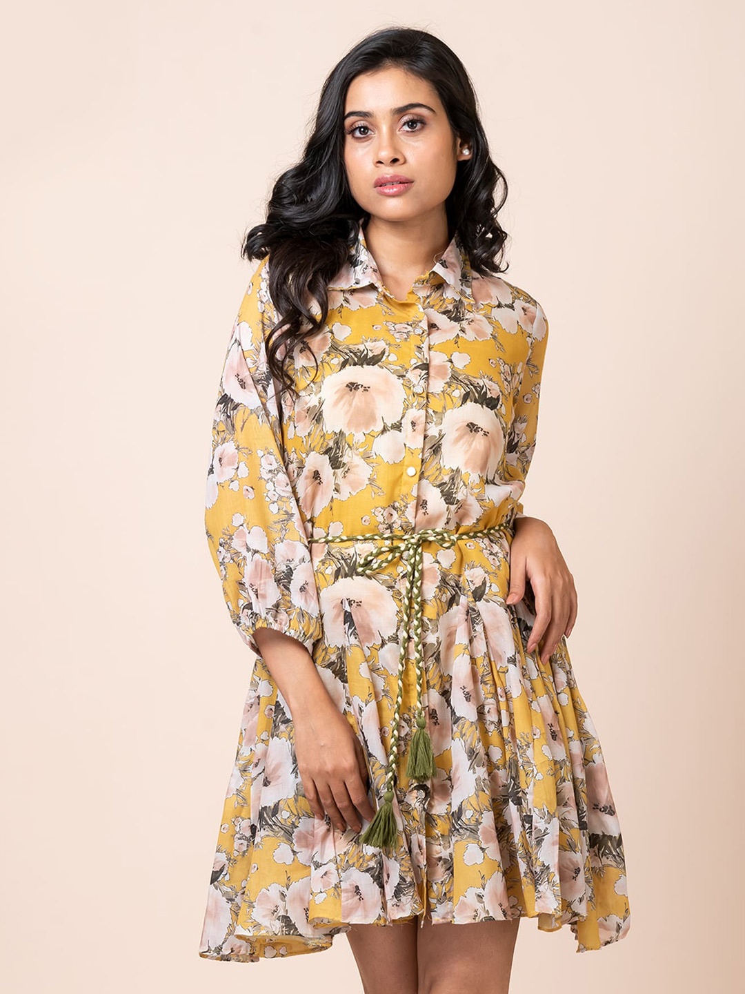 

SARSO Shirt Collar Floral Print Fit & Flare Cotton Dress, Yellow