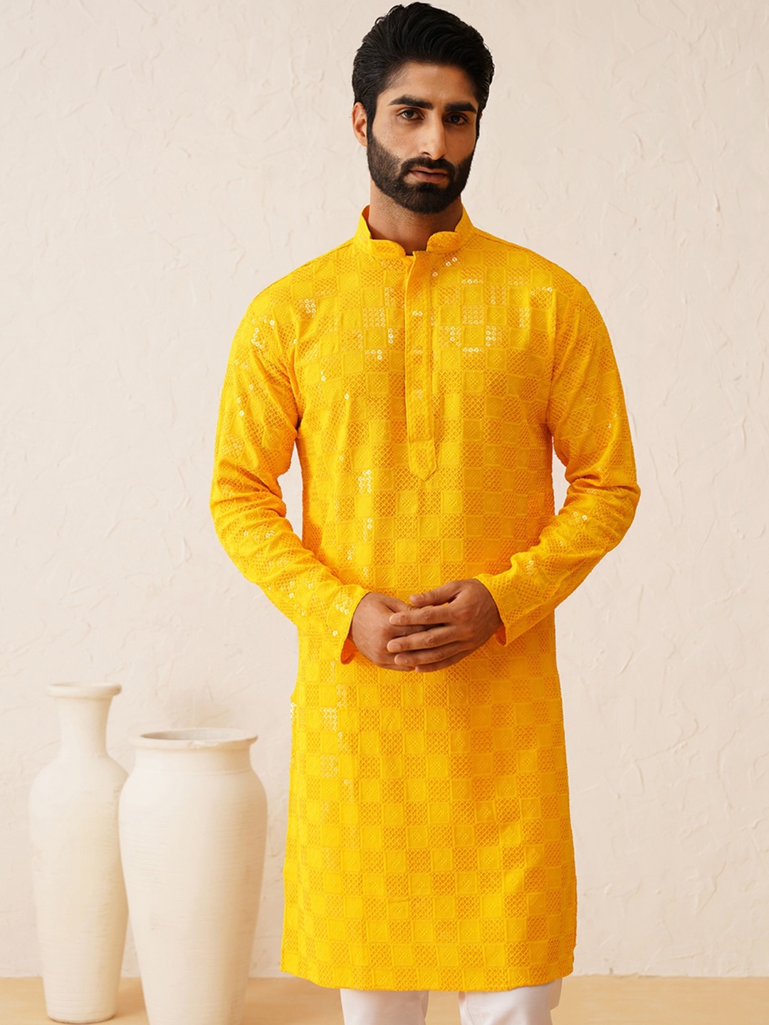 

SOJANYA Geometric Embroidered Mandarin Collar Sequins Pure Cotton Straight Kurta, Mustard