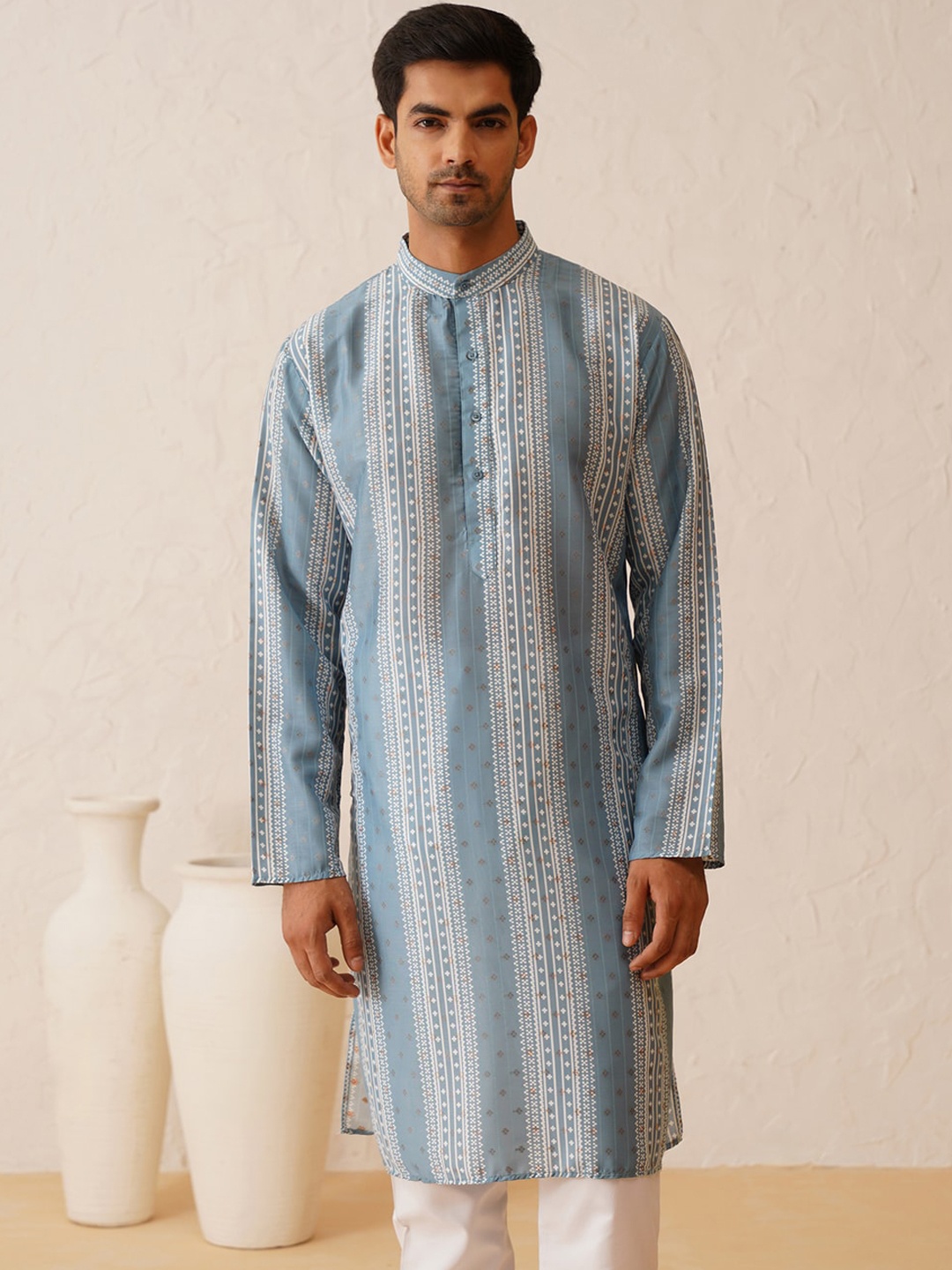 

SOJANYA Geometric Printed Mandarin Collar Cotton Silk Straight Kurta, Teal