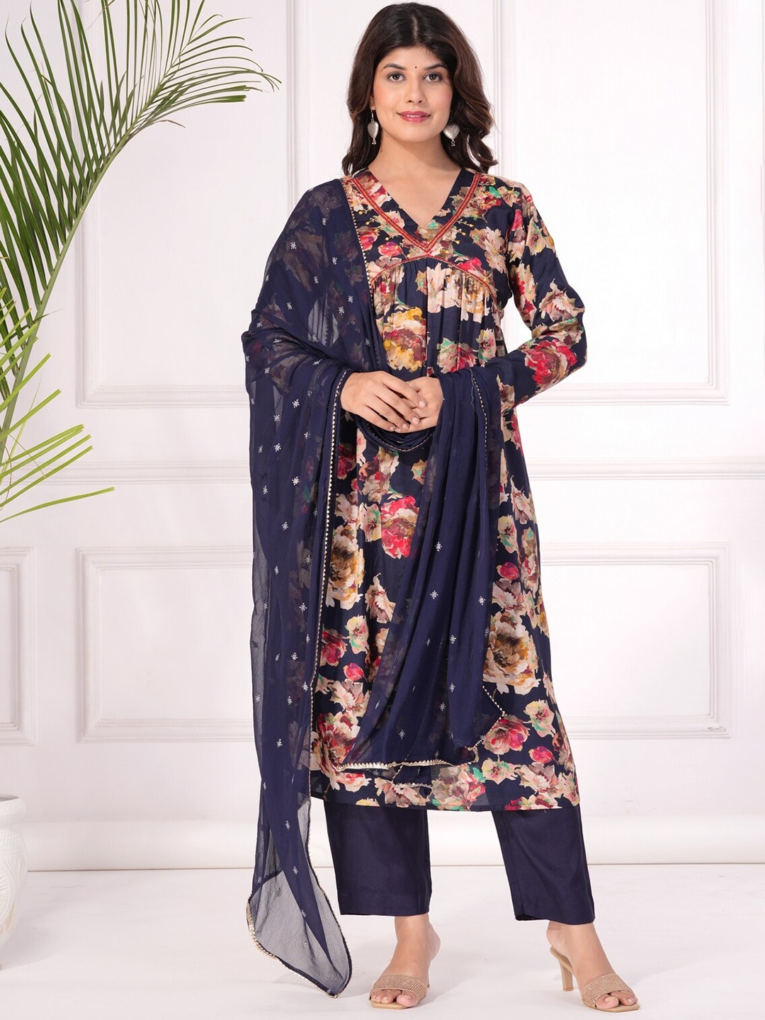 

KALINI Ethnic Motifs Yoke Design Beads and Stones Pure Silk Kurta with Trouser & Dupatta, Blue