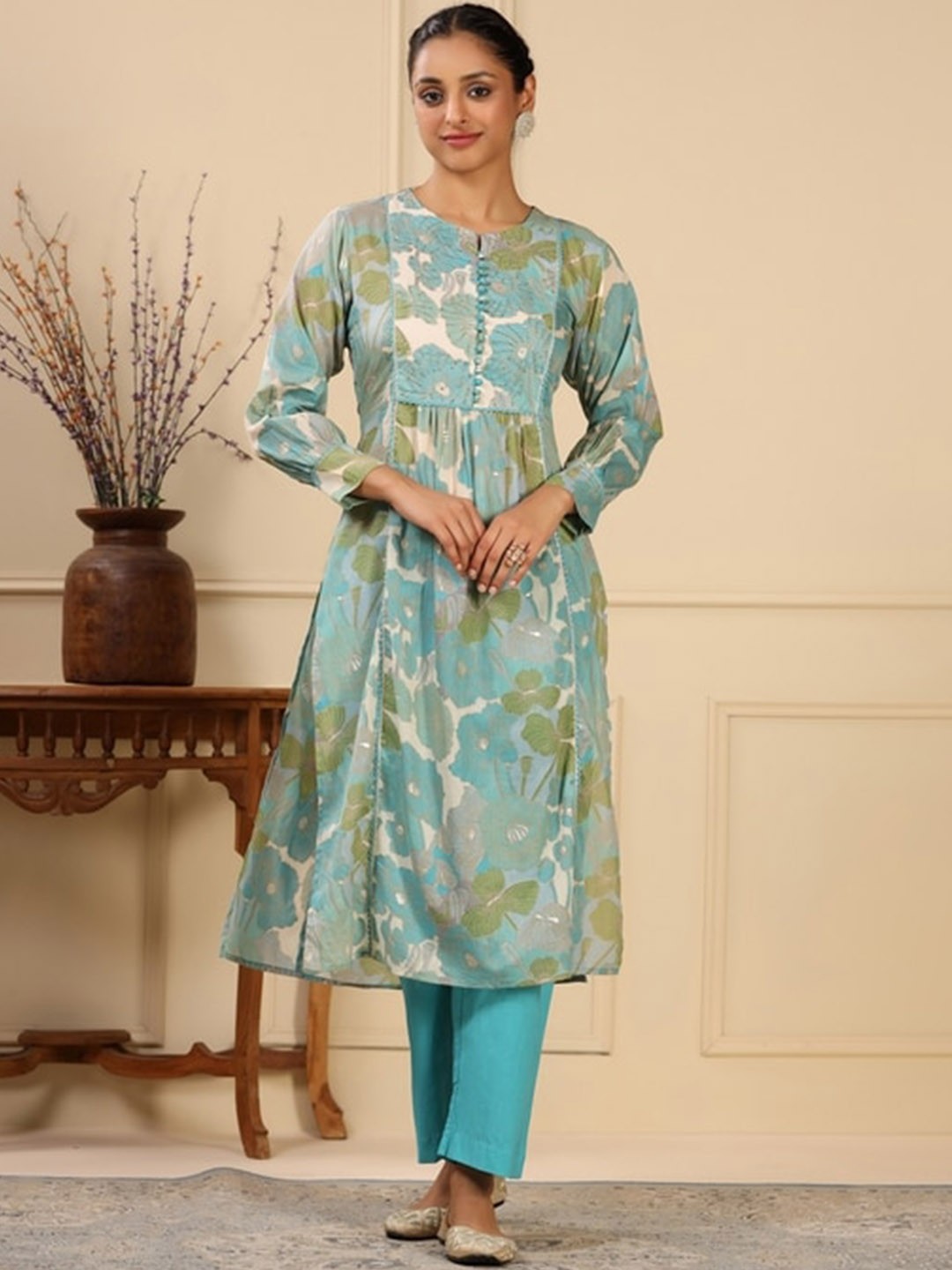 

KALINI Floral Yoke Design Regular Sequinned Pure Cotton Kurta With Trouser, Blue