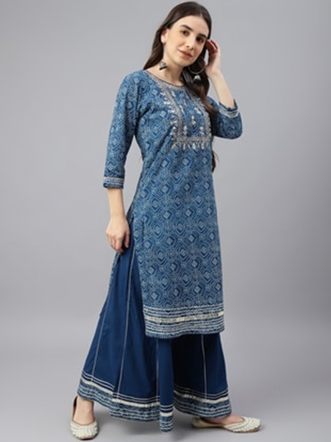 

KALINI Women Leheriya Printed Regular Beads and Stones Pure Cotton Kurta with Sharara, Blue