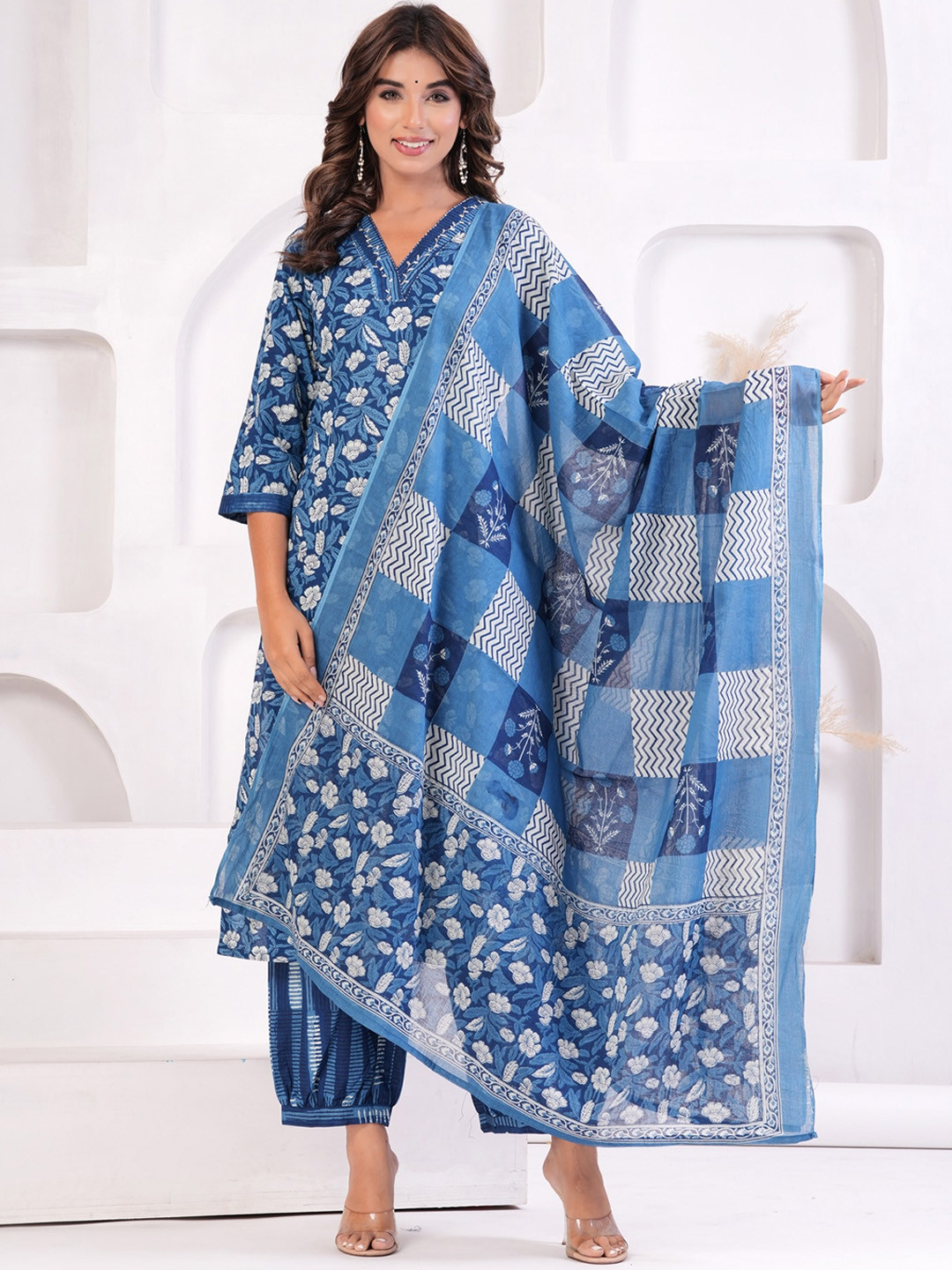 

KALINI Women Floral Printed Regular Beads and Stones Pure Cotton Kurta with Salwar & With Dupatta, Blue